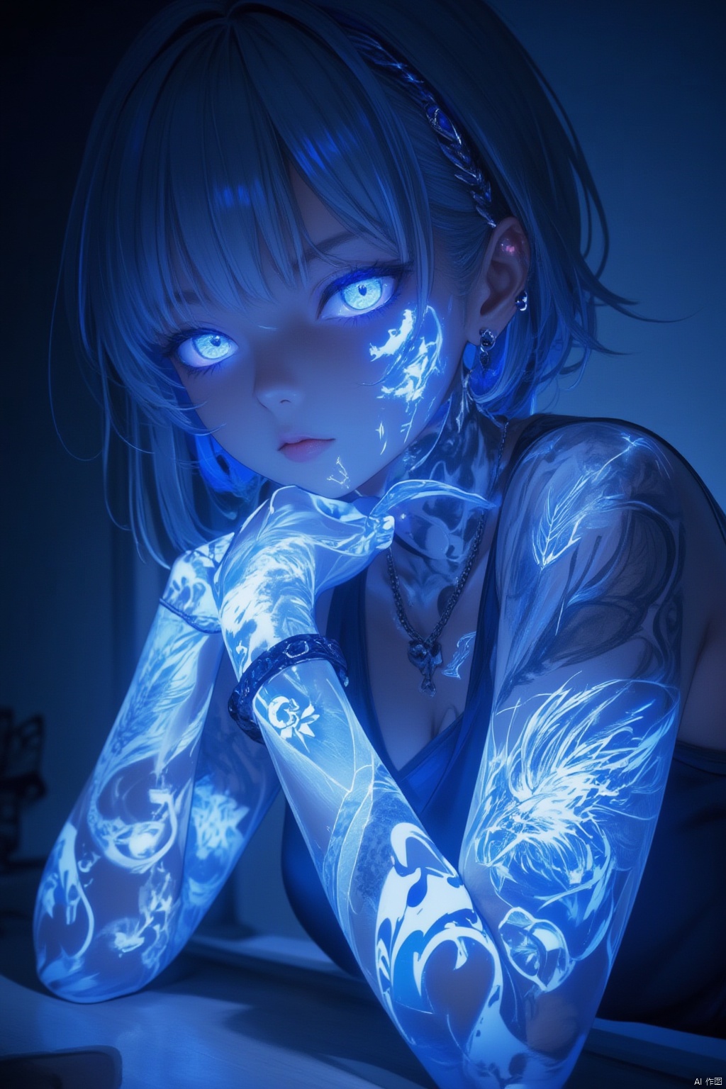 1girl, solo, looking at viewer, short hair, bangs, blue eyes, jewelry, sitting, indoors, tattoo, night, glowing, piercing, ear piercing, glowing eyes, head rest, blue theme