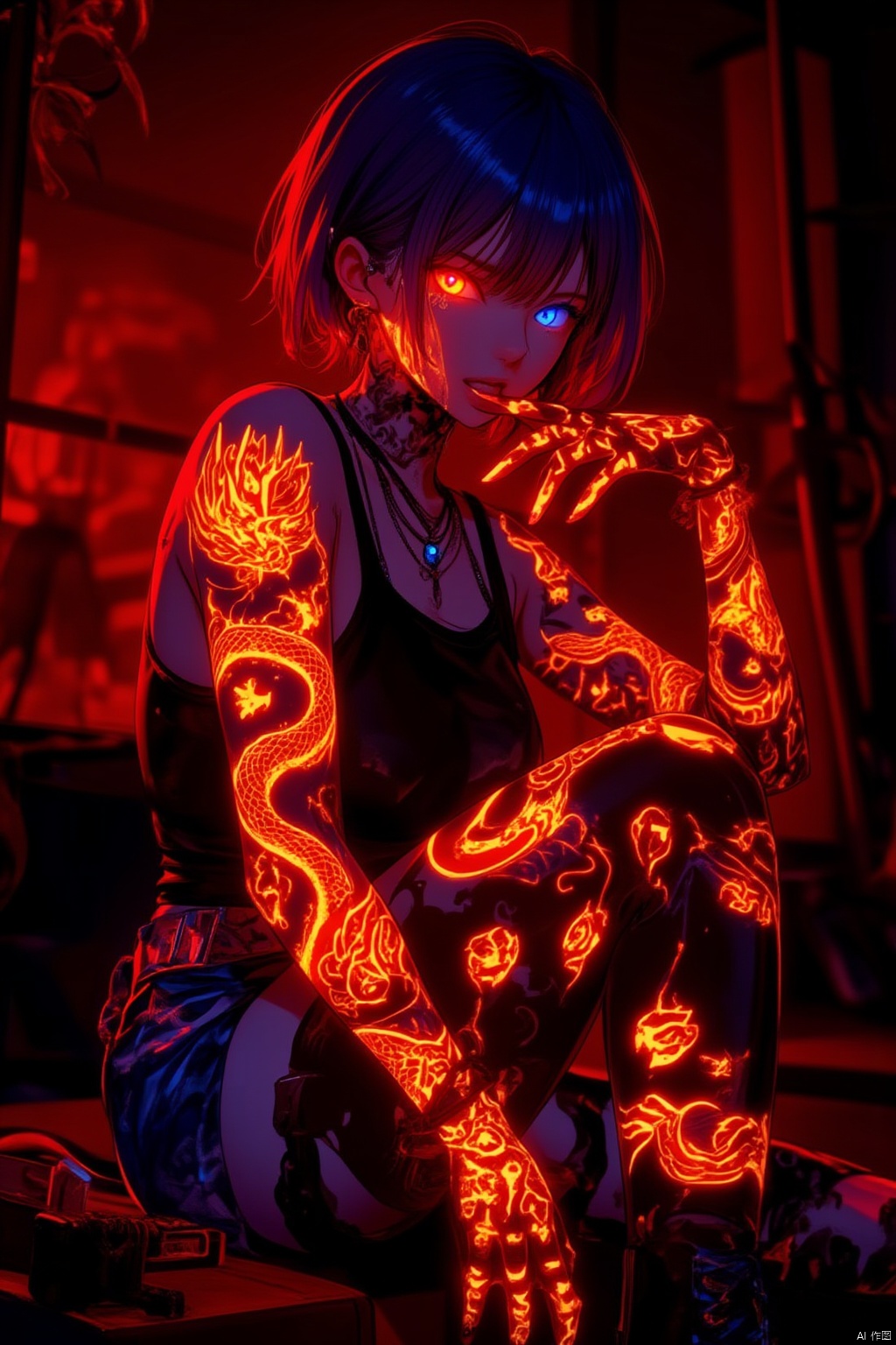 1girl, solo, looking at viewer, short hair, bangs, blue eyes, jewelry, sitting, indoors, tattoo, night, glowing, piercing, ear piercing, glowing eyes, head rest, red theme