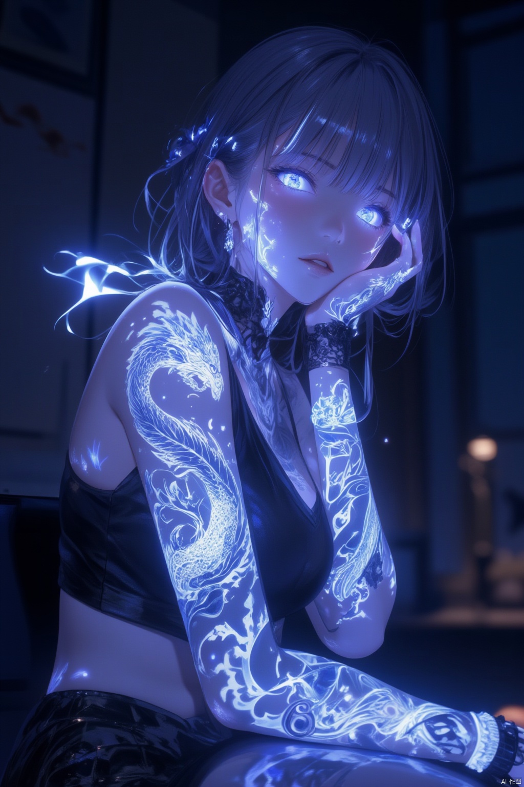 1girl, solo, looking at viewer, short hair, bangs, blue eyes, jewelry, sitting, indoors, tattoo, night, glowing, piercing, ear piercing, glowing eyes, head rest,  theme