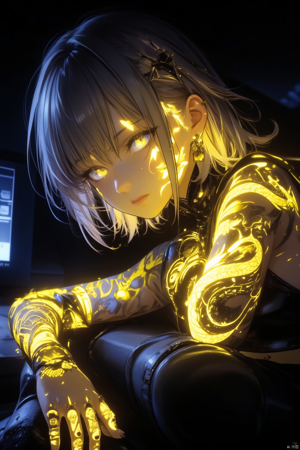 1girl, solo, looking at viewer, short hair, bangs, blue eyes, jewelry, sitting, indoors, tattoo, night, glowing, piercing, ear piercing, glowing eyes, head rest,yellow  theme