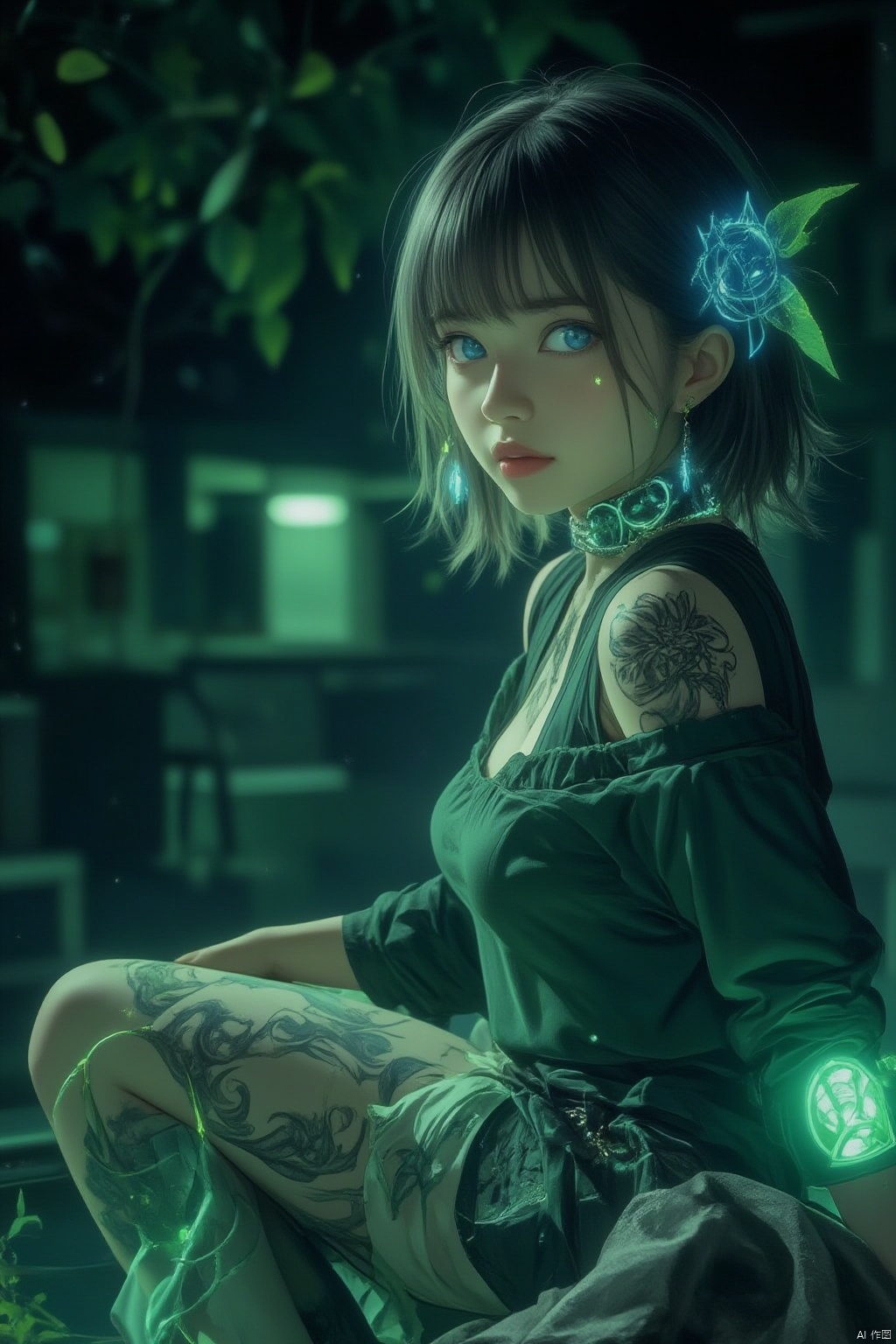 1girl, solo, looking at viewer, short hair, bangs, blue eyes, jewelry, sitting, indoors, tattoo, night, glowing, piercing, ear piercing, glowing eyes, head rest, green theme