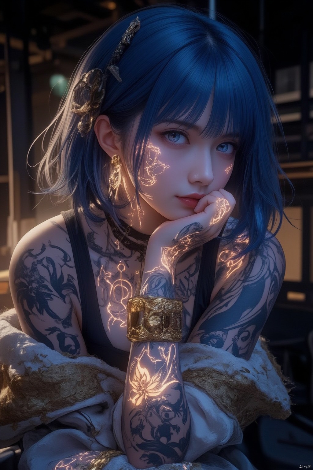 1girl, solo, looking at viewer, short hair, bangs, blue eyes, jewelry, sitting, indoors, tattoo, night, glowing, piercing, ear piercing, glowing eyes, head rest, gold theme