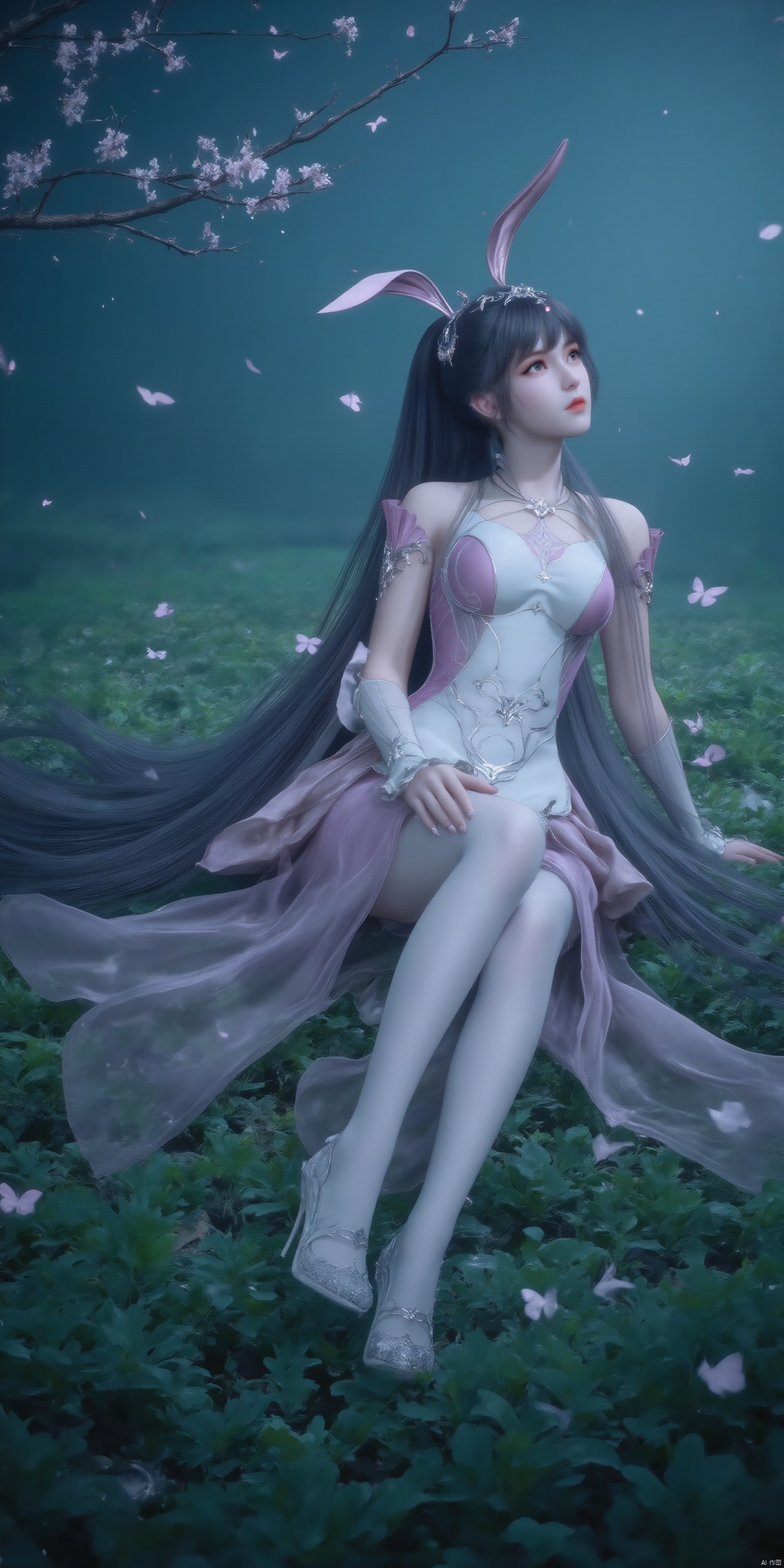 A serene 8K photo of a lonely girl (GG) lying on a lush green field, her long black hair cascading down her back like a waterfall. A delicate hair ornament adorns her hair, an elegant white apron embraces her slim figure, waist, apron, surrounded by petals and branches, makeup, eye shadow, red lips, a small butterfly perches on the edge of the earrings. Added a whimsical atmosphere. Starry sky, shining, mist,1girl, solo, long hair, hair ornament, full body, flower, pink dress, high heels,legs, xwhd,Depth of Field, White pantyhose, crystal shoes,french manicure,nail polish,make up, perspective, delicate face, pink eye shadow,rabbit ears,spread legs,snowing,snow,
light, and the Tyndall effect,night,moonlight,reflection,floodlight
