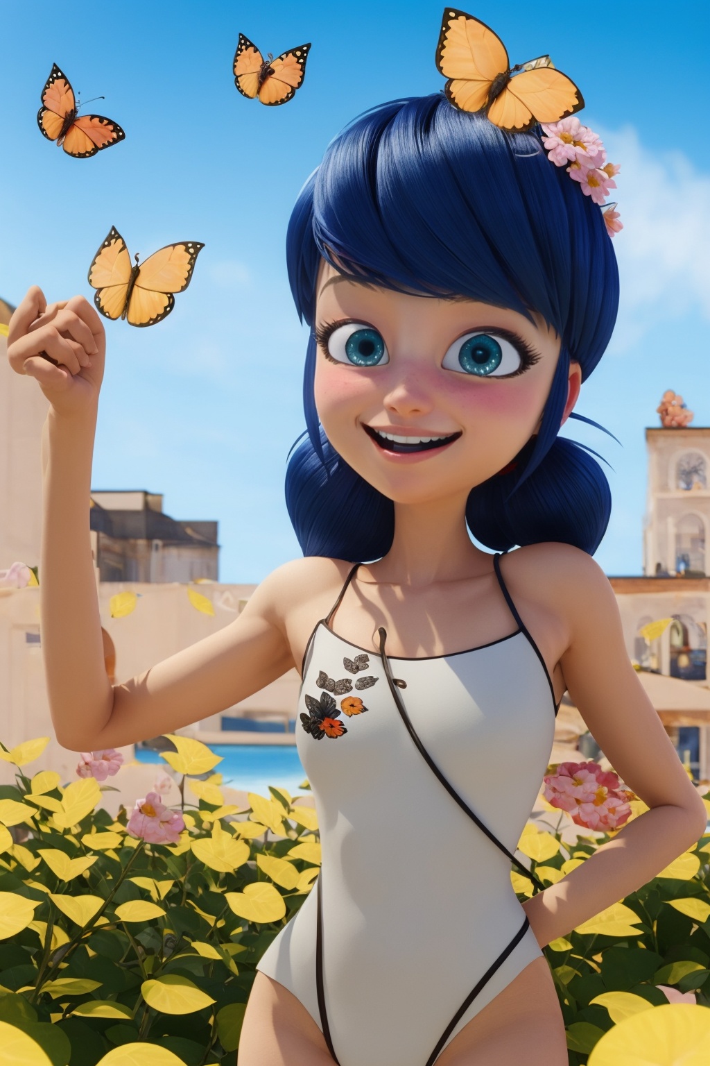 A whimsical illustration of Marinette Dupain-Cheng,  the spirited and stylish protagonist from the animated series Ladybug...