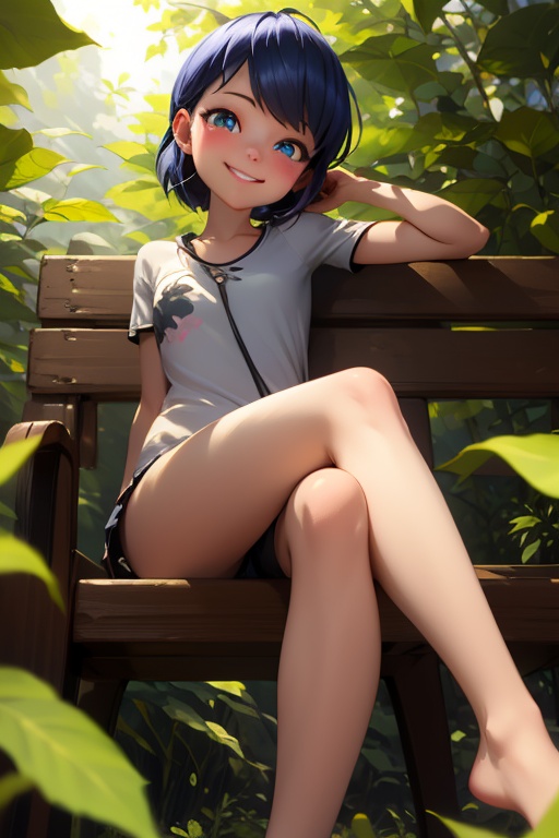 A girl sitting in a serene outdoor setting,  surrounded by lush greenery,  with sunlight filtering through the leaves on T...