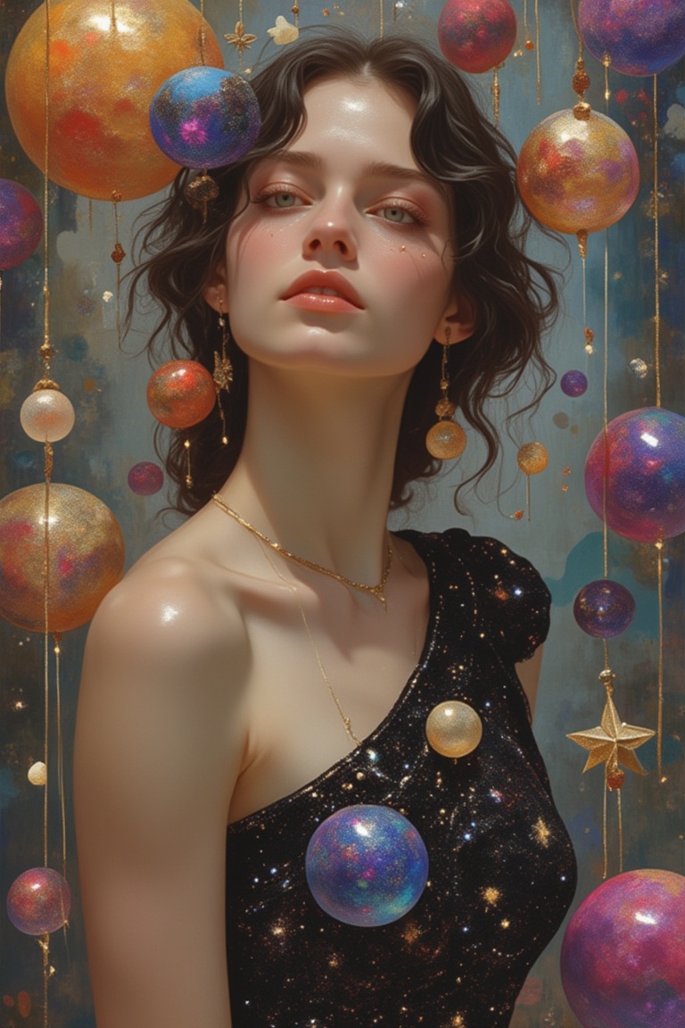 A woman in a Pixomeda style,  vibrant and surreal. She is framed in a mid-shot,  wearing a galaxy-themed dress that sparkl...