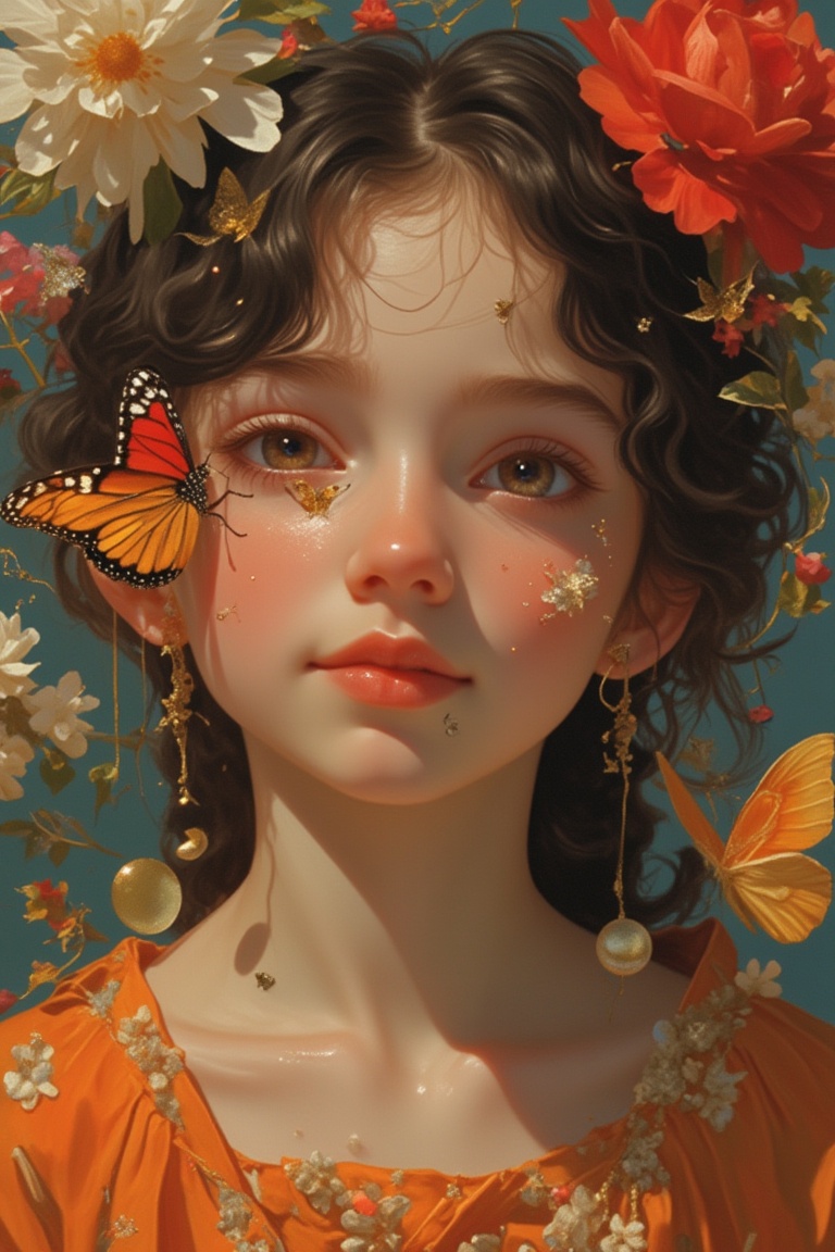 A cheeky girl in a Pixomeda style,  vibrant and surreal. She is framed in a close-up,  with a playful expression and a but...