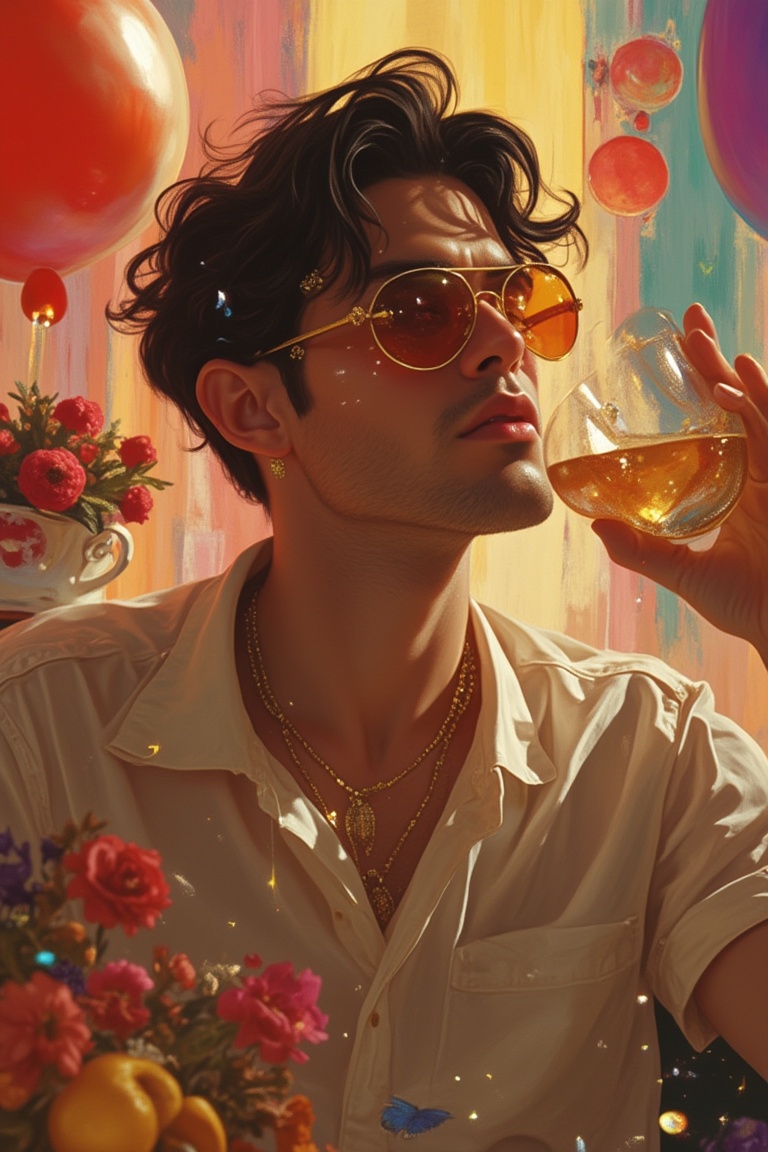 A man in a Pixomeda style,  vibrant and surreal. He is framed in a mid-shot,  sipping a drink with a relaxed yet focused e...