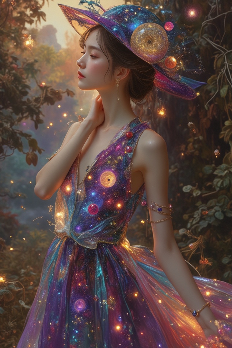 A woman in a Pixomeda style,  vibrant and surreal. She is framed in a mid-shot,  wearing a galaxy-themed dress that sparkl...