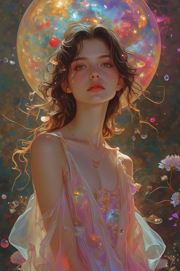 A stunning beauty woman in a Pixomeda style,  vibrant and surreal. She stands gracefully,  framed in a mid-shot on Tensor.Art