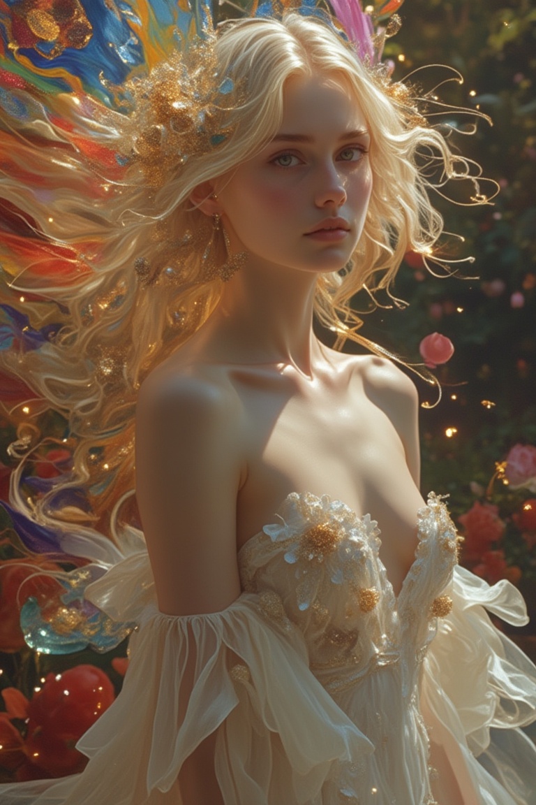 A stunning beauty woman in a Pixomeda style,  vibrant and surreal. She stands gracefully,  framed in a mid-shot on Tensor.Art