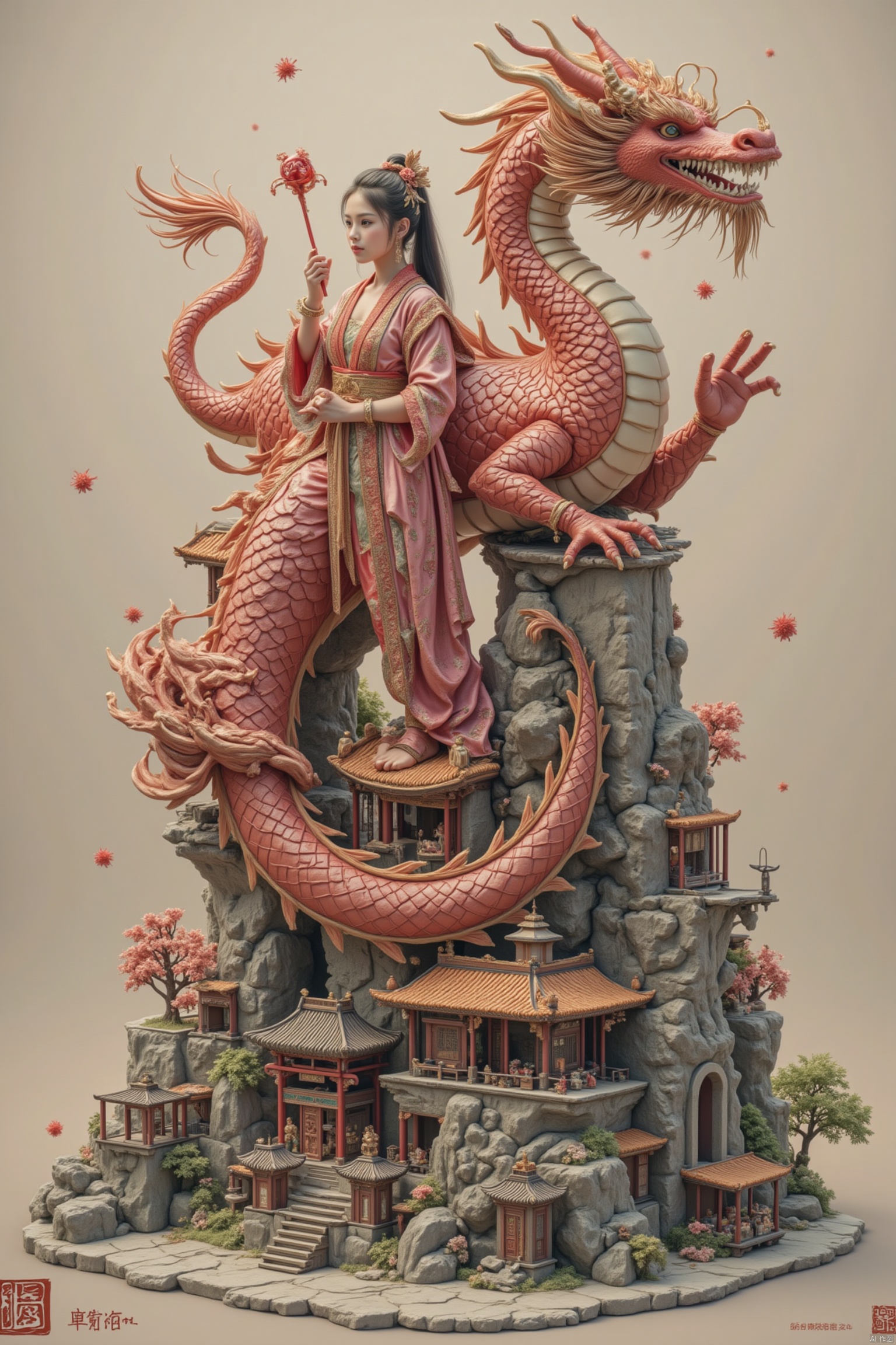 Chinese dragon,girl,building,masterpeice,best quality
