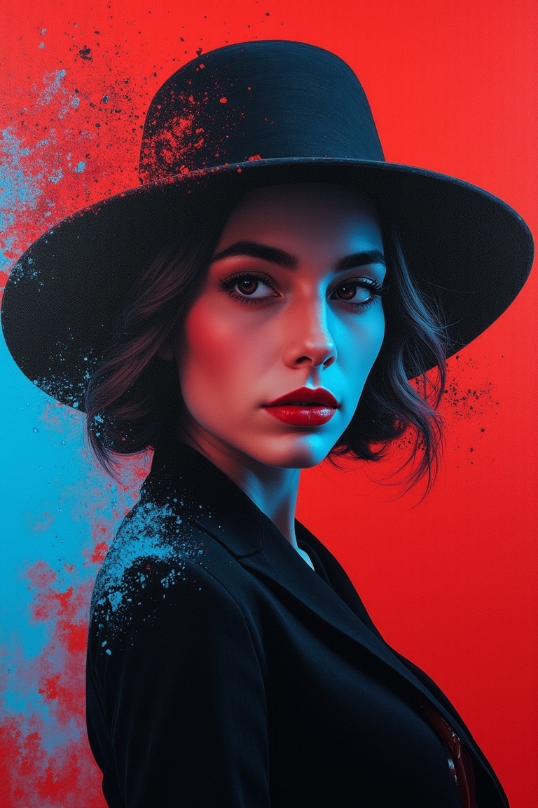 A woman wearing a wide-brimmed hat, gorgeous colors, the woman's hair breaks into small pieces and turns into powder as it moves away from her head, the abstract red background and fantastic blue gradient add to the mysteriousness, the heavy and unstructured thick brush strokes beautifully express the portrait of a woman,