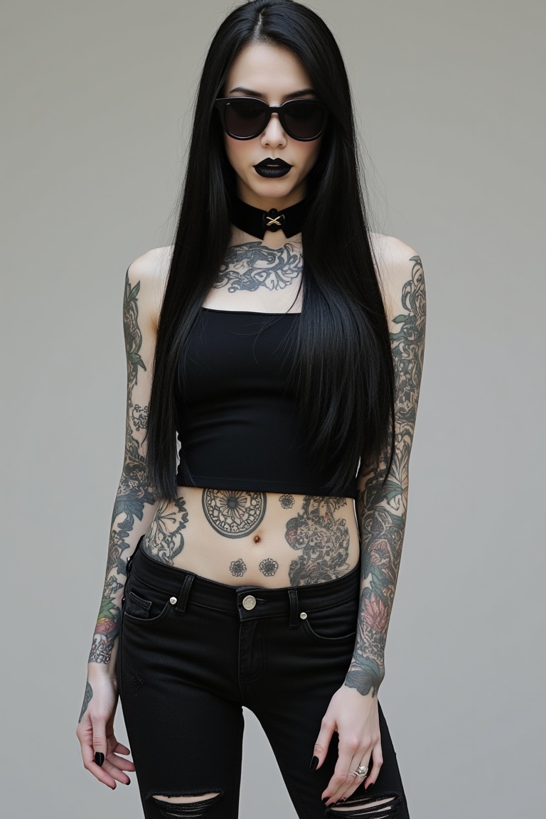 fullbody, Female goth with pale skin, long straight black hair, dressed in black ripped jeans with a black cropped tanktop, sunglasses, black lipstick, tattooed, tattooed face, tattooed body,