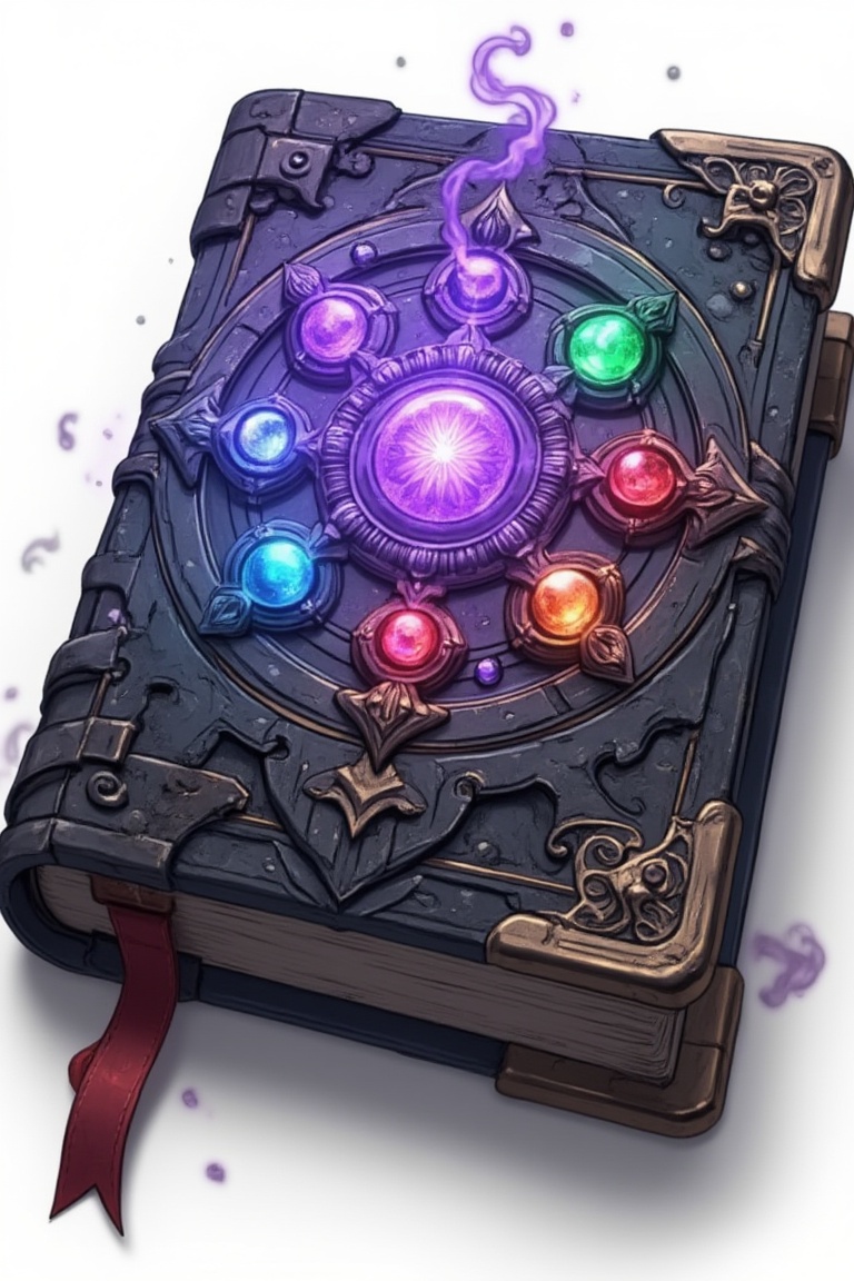 Hyperrealistic 3D render of an ancient magical book on a white background. Weathered dark cover with six glowing gemstones: purple, blue, green, red, orange, cyan. Intricate magical symbols around central purple gem. Wisps of mystical smoke. Metallic corner clasps with ornate carvings. Red ribbon bookmark. Photorealistic textures, atmospheric lighting emphasizing magical aura.
