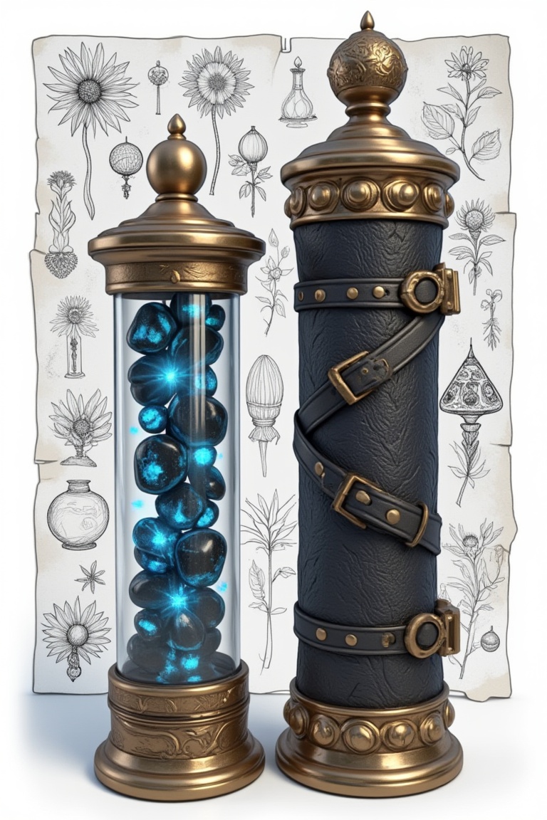 Hyperrealistic 3D render of magical scroll container. Transparent glass cylinder revealing dark stones with glowing blue veins. Ornate golden caps with intricate engravings. Alternate version: dark leather-wrapped with gold accents and straps. Regal knob structure on top. Surrounded by alchemical sketches of magical plants. White background. Studio lighting emphasizing textures and magical aura.
