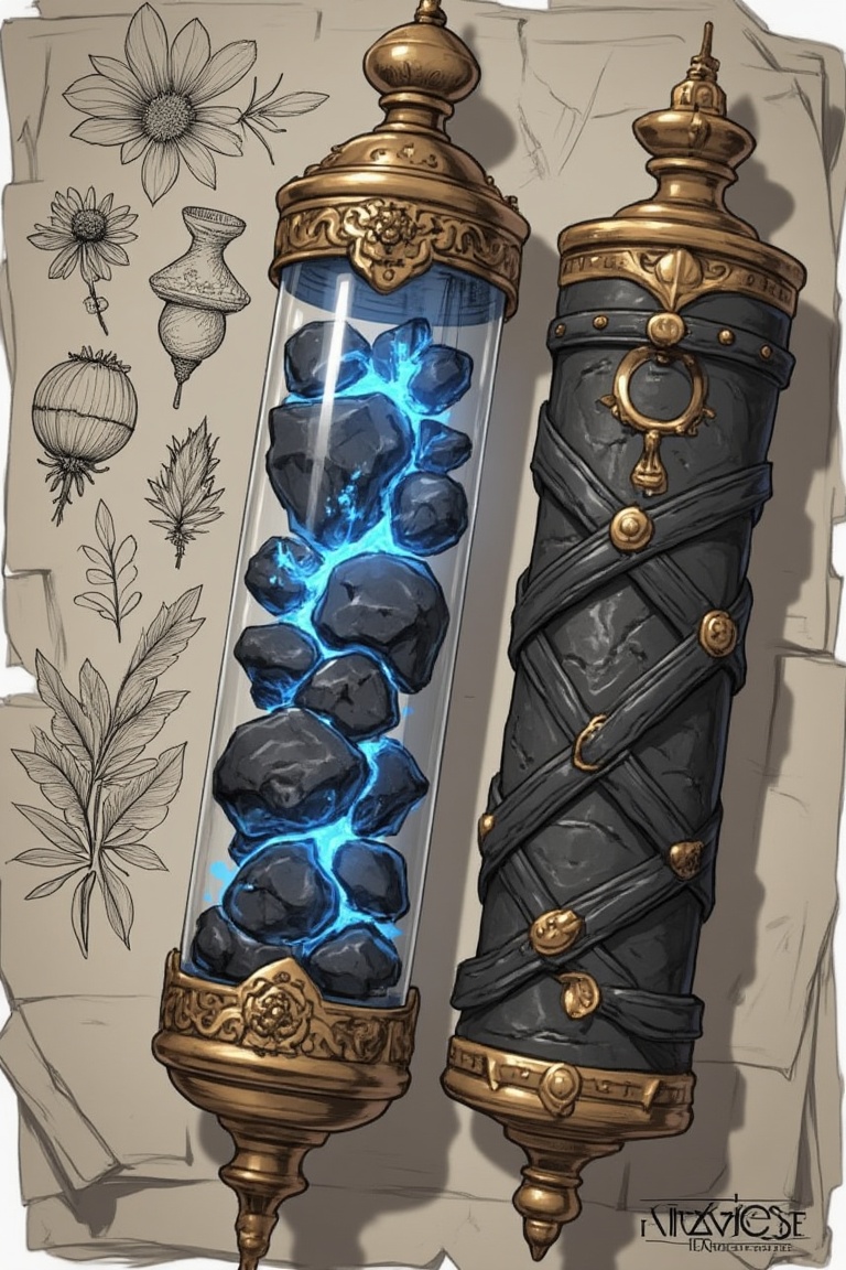 "A highly detailed 3D render of an ornate magical scroll or tube container. The main cylindrical body is made of transparent glass, showcasing dark, irregular stones with glowing blue veins within. The glass tube is capped on both ends with intricate golden metalwork, featuring elaborate engravings and circular designs. The cap on the top has a regal knob-like structure, giving it an ancient and important look. The alternate version of the container, wrapped in dark leather with gold accents, appears more mystical, with straps crisscrossing the length of the body and metallic golden embellishments reinforcing the structure. The scene also includes sketches of magical botanical components, such as flowers and leaves, drawn in a style that suggests their use in alchemy or potion-making, adding a touch of mysticism to the overall design."