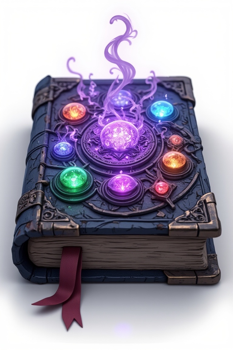 Hyperrealistic 3D render of an ancient magical book on a white background. Weathered dark cover with six glowing gemstones: purple, blue, green, red, orange, cyan. Intricate magical symbols around central purple gem. Wisps of mystical smoke. Metallic corner clasps with ornate carvings. Red ribbon bookmark. Photorealistic textures, atmospheric lighting emphasizing magical aura.
