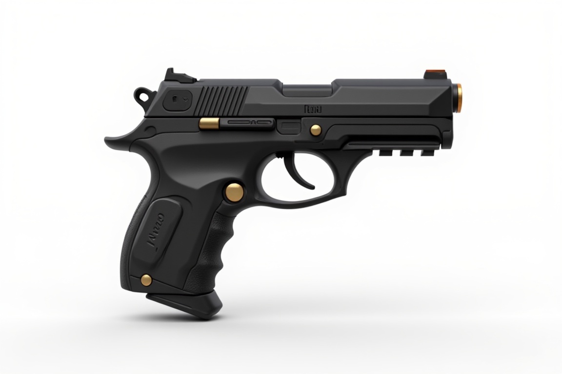 Hyper-realistic 3D render of futuristic black pistol on pure white background. Angular geometric design, sleek sharp edges. Glossy black finish with gold metallic accents. High-tech mechanical aesthetic. Studio lighting emphasizing contrasts and details. Photorealistic textures, high-end 3D software quality.
