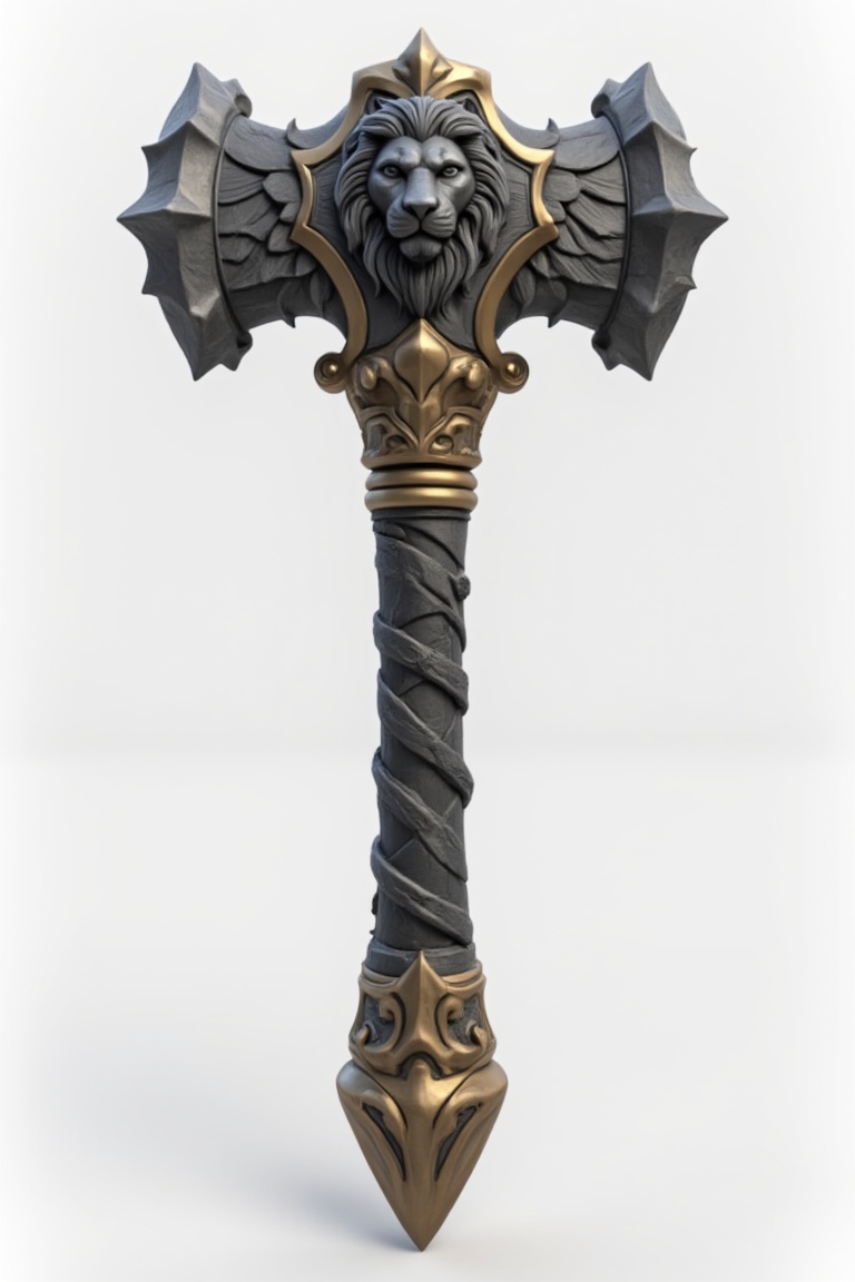 Hyper-realistic 3D render of a massive warhammer on pure white background. Stone hammerhead with intricate carvings, central lion face, majestic wings. Gold accents framing head. Dark, rugged handle with gold base. Studio lighting emphasizing textures and details. Photorealistic materials, high-end 3D software quality.
