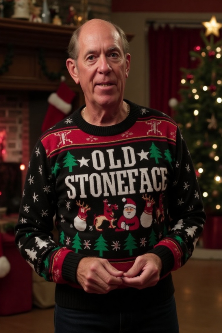The image is a high-resolution photograph of a man wearing a Christmas themed sweater with the words "OLD STONEFACE" knitt...