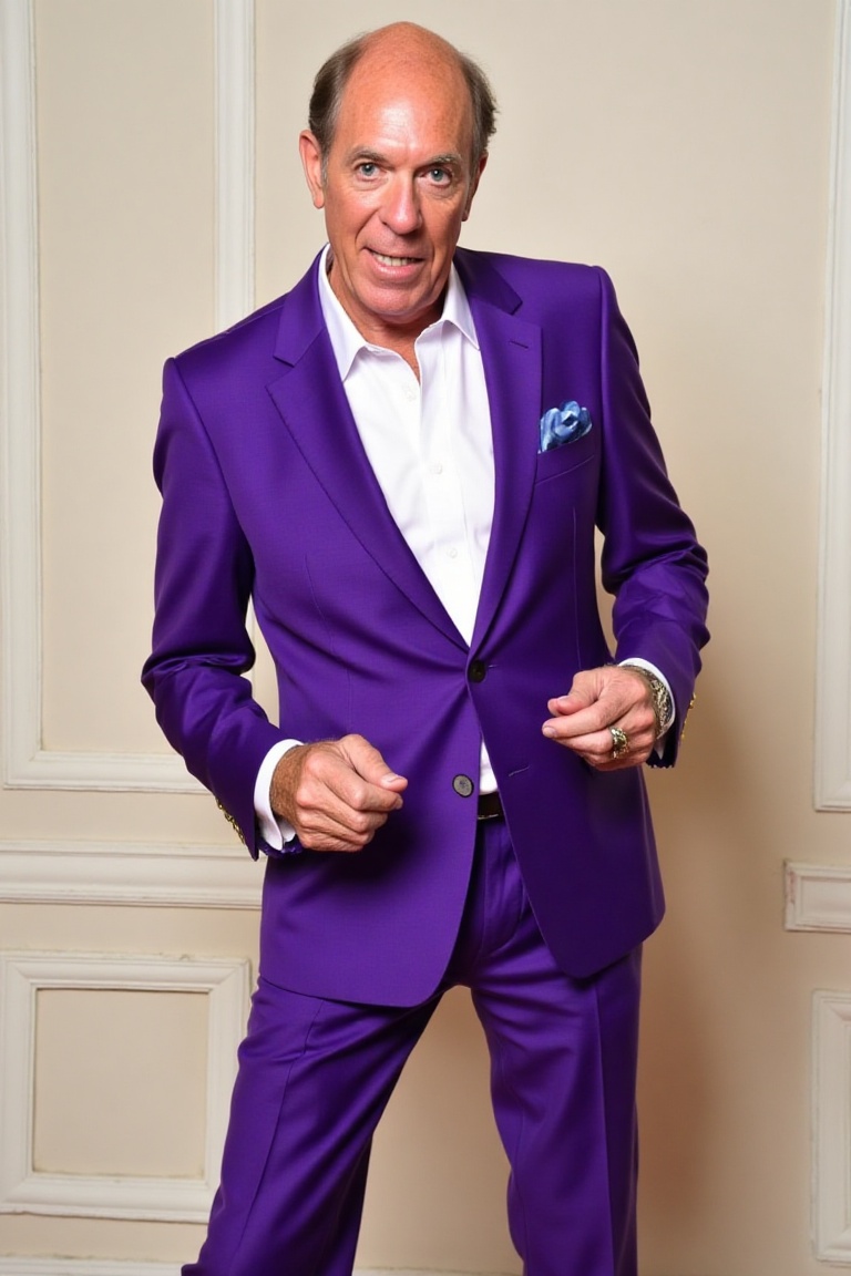 A high-resolution photograph of John Lowe,  wearing a vibrant purple suit with a white dress shirt,  standing in a dynamic...