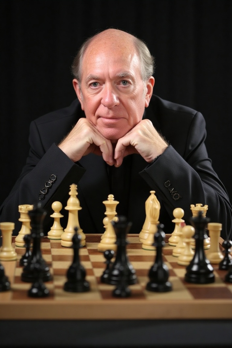 A high-resolution photograph of John Lowe,  sitting behind a chess board,  chin resting on his hands on Tensor.Art