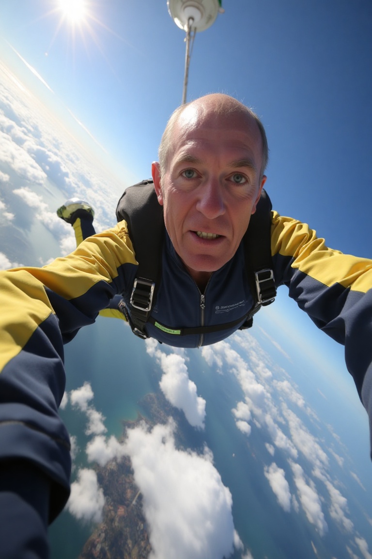 A high-resolution photograph of John Lowe,  skydiving,  a POV shot in freefall on Tensor.Art