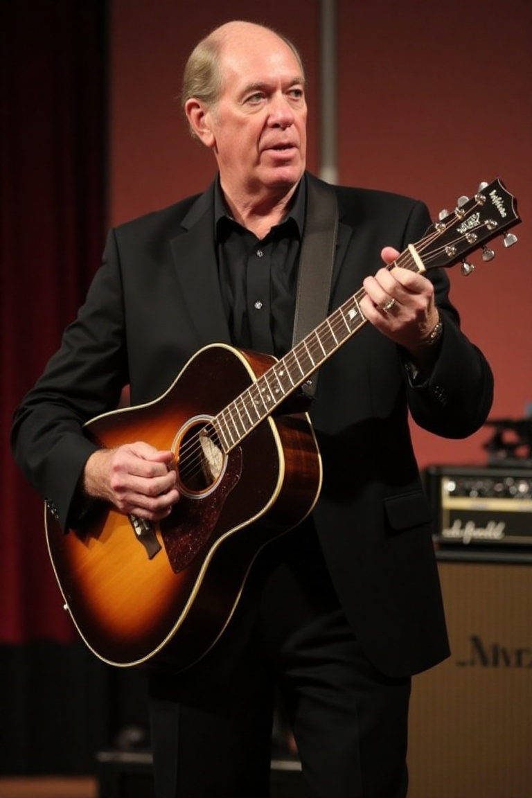 A high-resolution photograph of John Lowe,  playing an acoustic guitar on Tensor.Art
