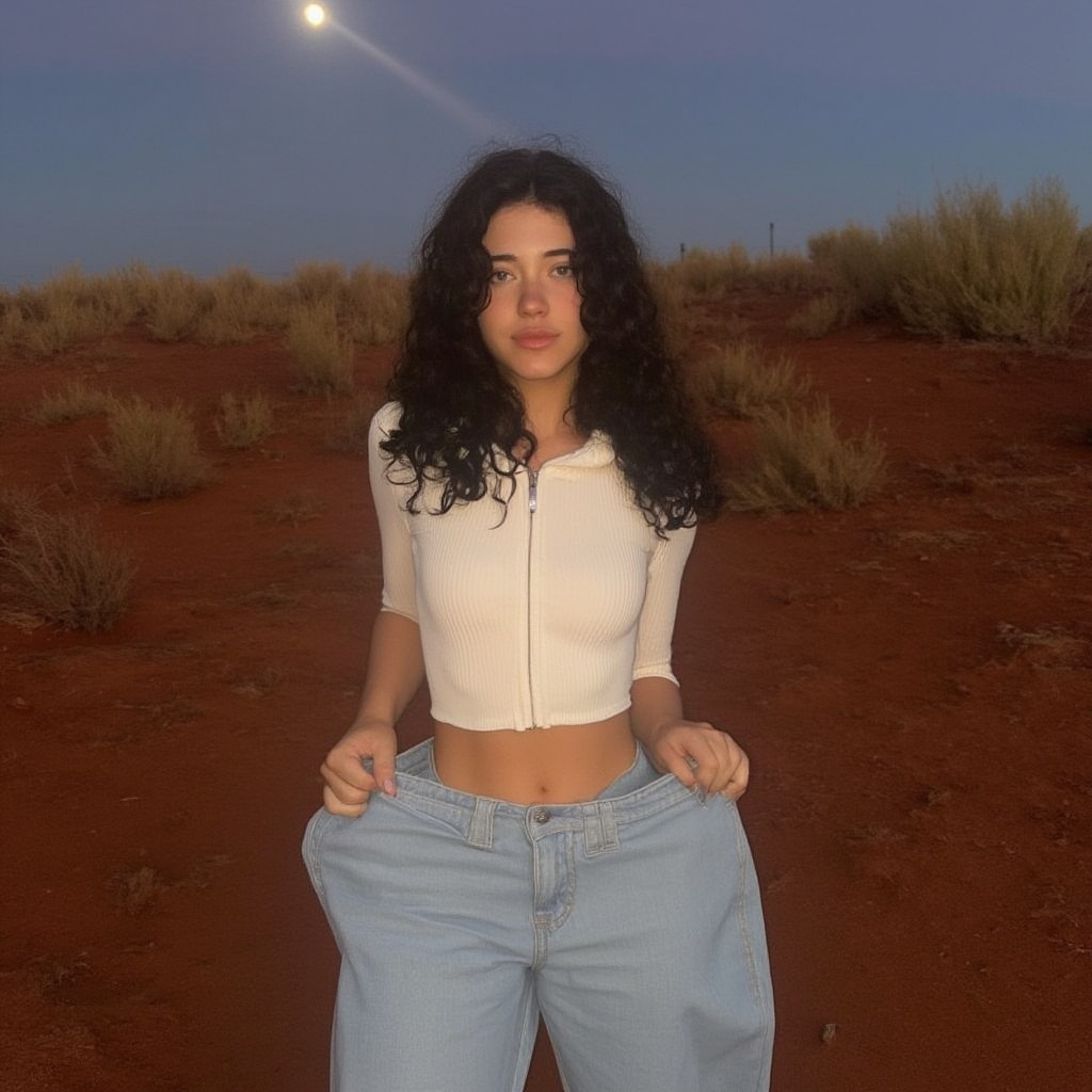 Vanessa Reinhardt ,  Generate an outdoor scene at dusk,  with soft golden lighting illuminating a young woman standing in...