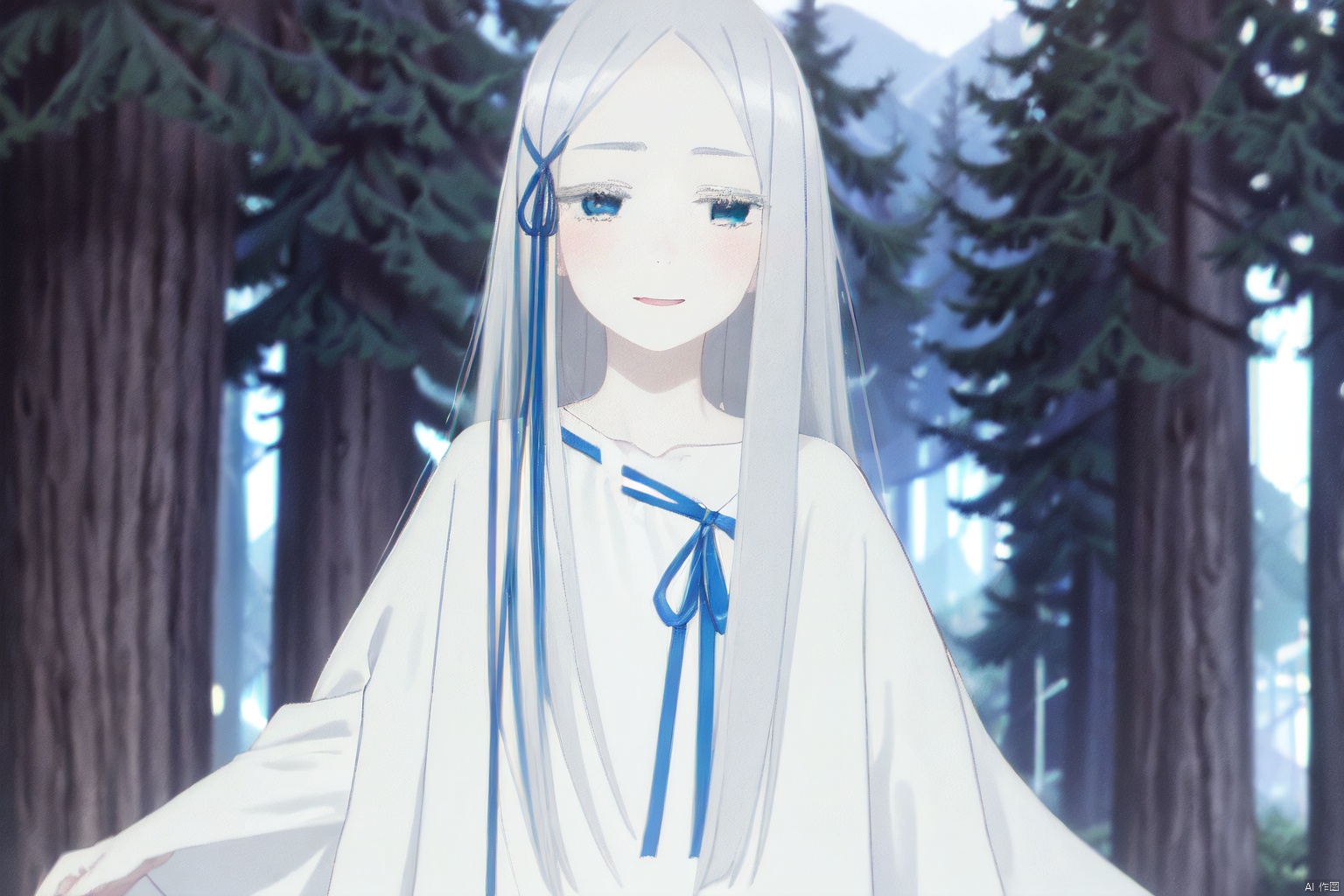 1girl,silver hair,White Clothes,Long hair,Blue Head rope,Wholesale,A robe,Loose clothes.White eyelashes