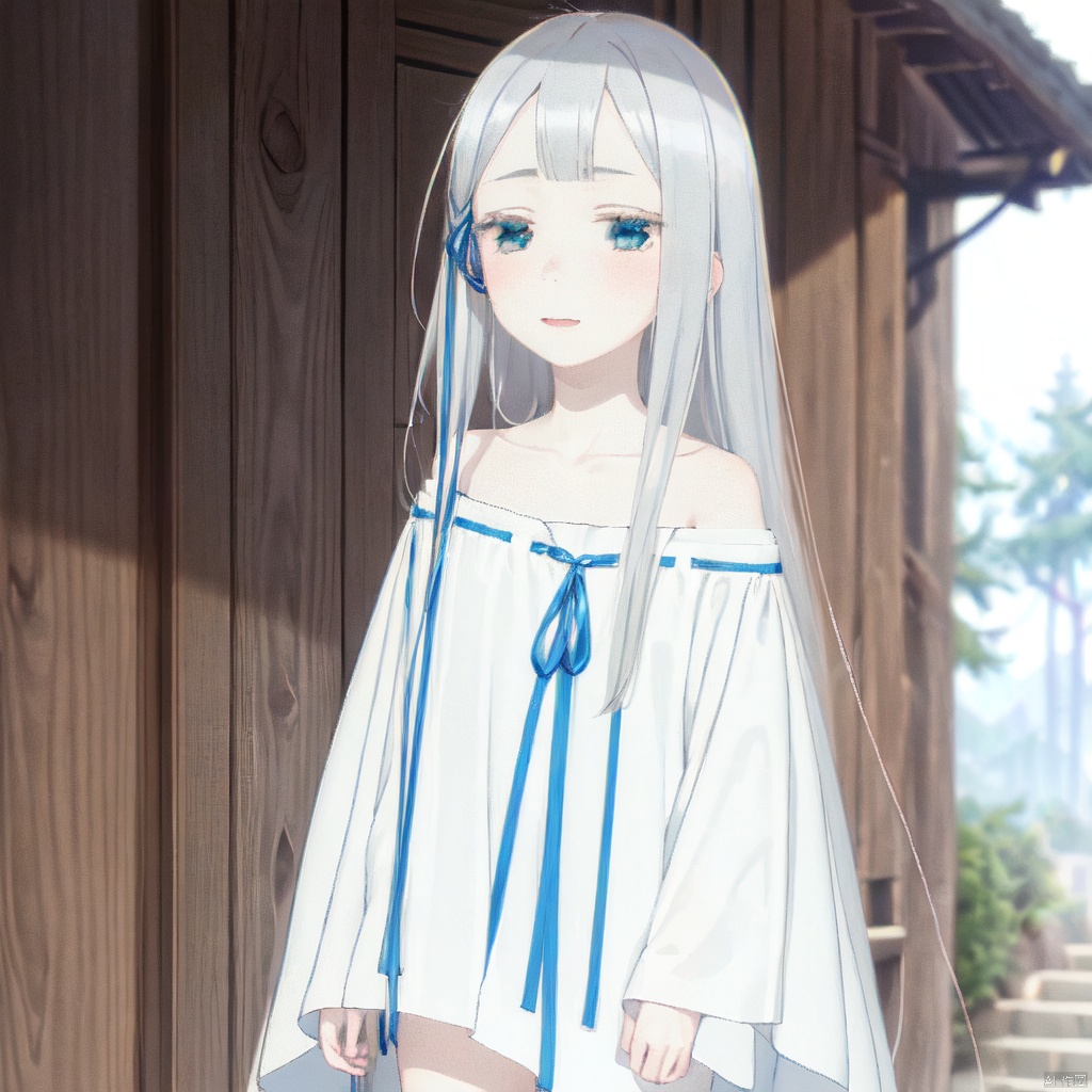 1girl,silver hair,White Clothes,Long hair,Blue head rope,Wholesale,A robe,Loose clothes.White eyelashes,Expose one shoulder