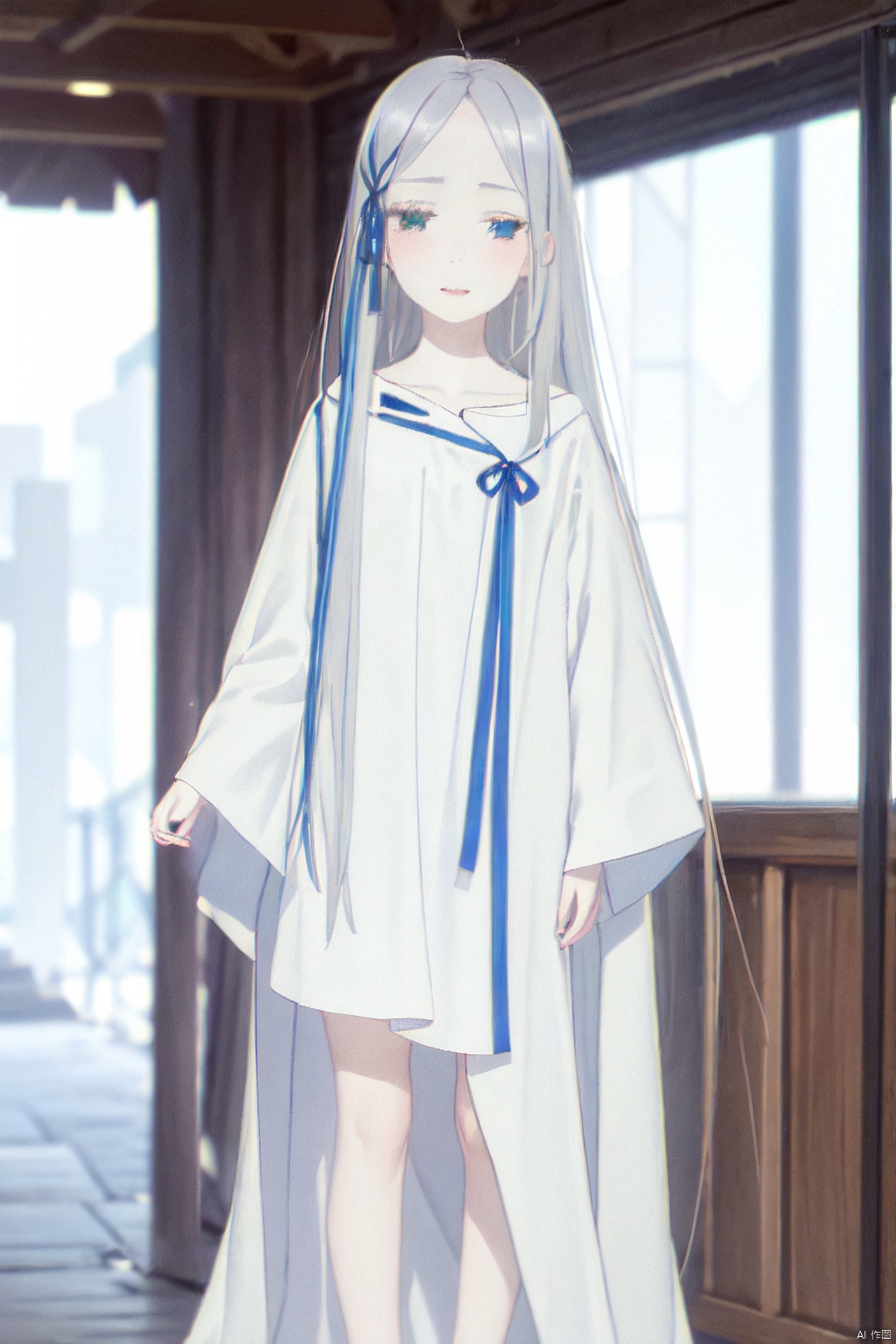 1girl,silver hair,White Clothes,Long hair,Blue Head rope,Wholesale,A robe,Loose clothes.White eyelashes