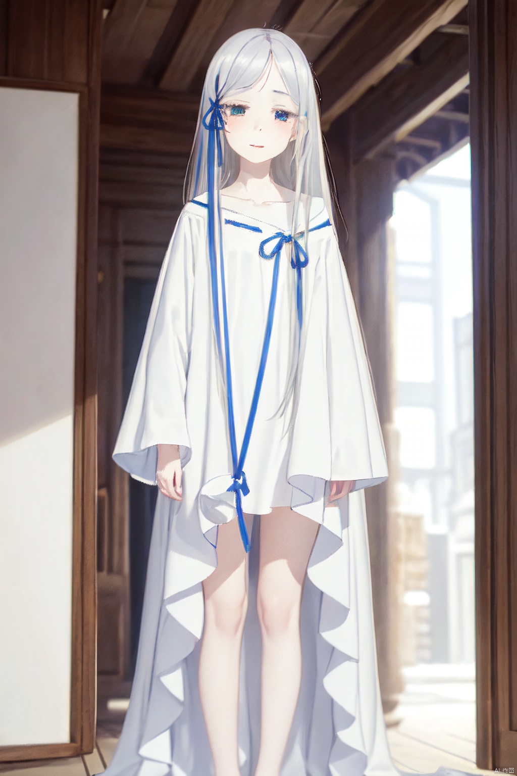 1girl,silver hair,White Clothes,Long hair,Blue Head rope,Wholesale,A robe,Loose clothes.White eyelashes