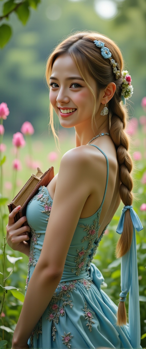 A smiling elf woman in the garden of a castle in another world. She is mid-chested and has long golden hair tied into a po...