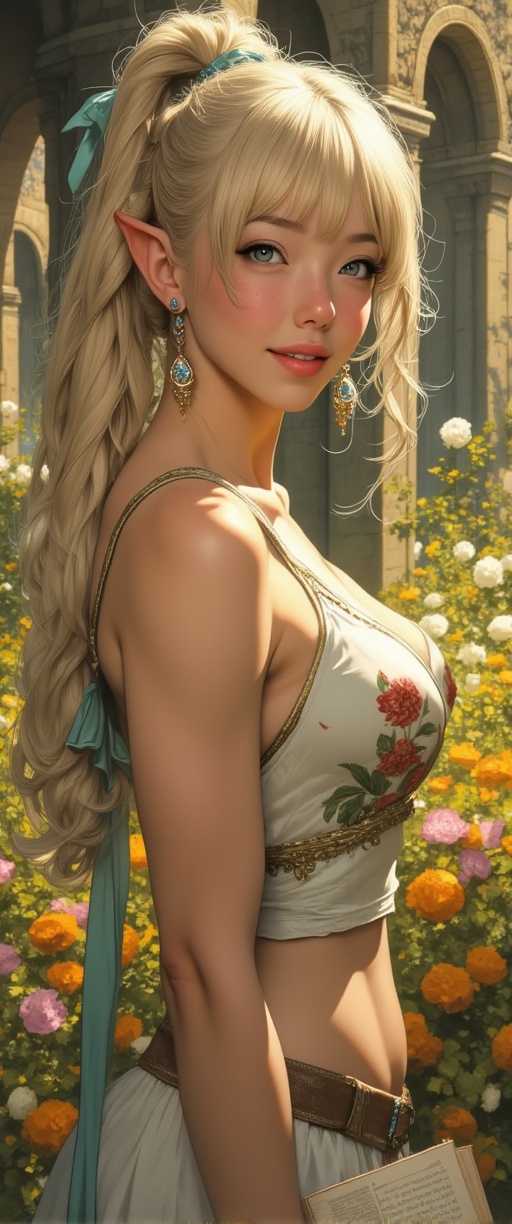 A smiling elf woman in the garden of a castle in another world. She is mid-chested and has long golden hair tied into a po...
