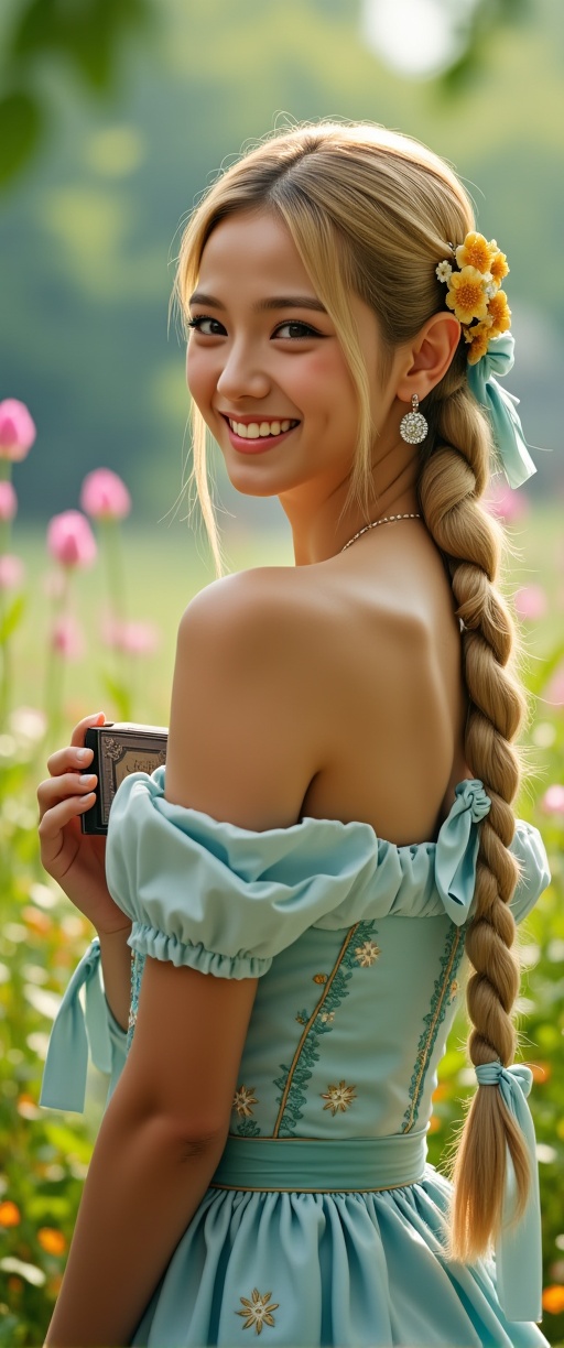 A smiling elf woman in the garden of a castle in another world. She is mid-chested and has long golden hair tied into a po...