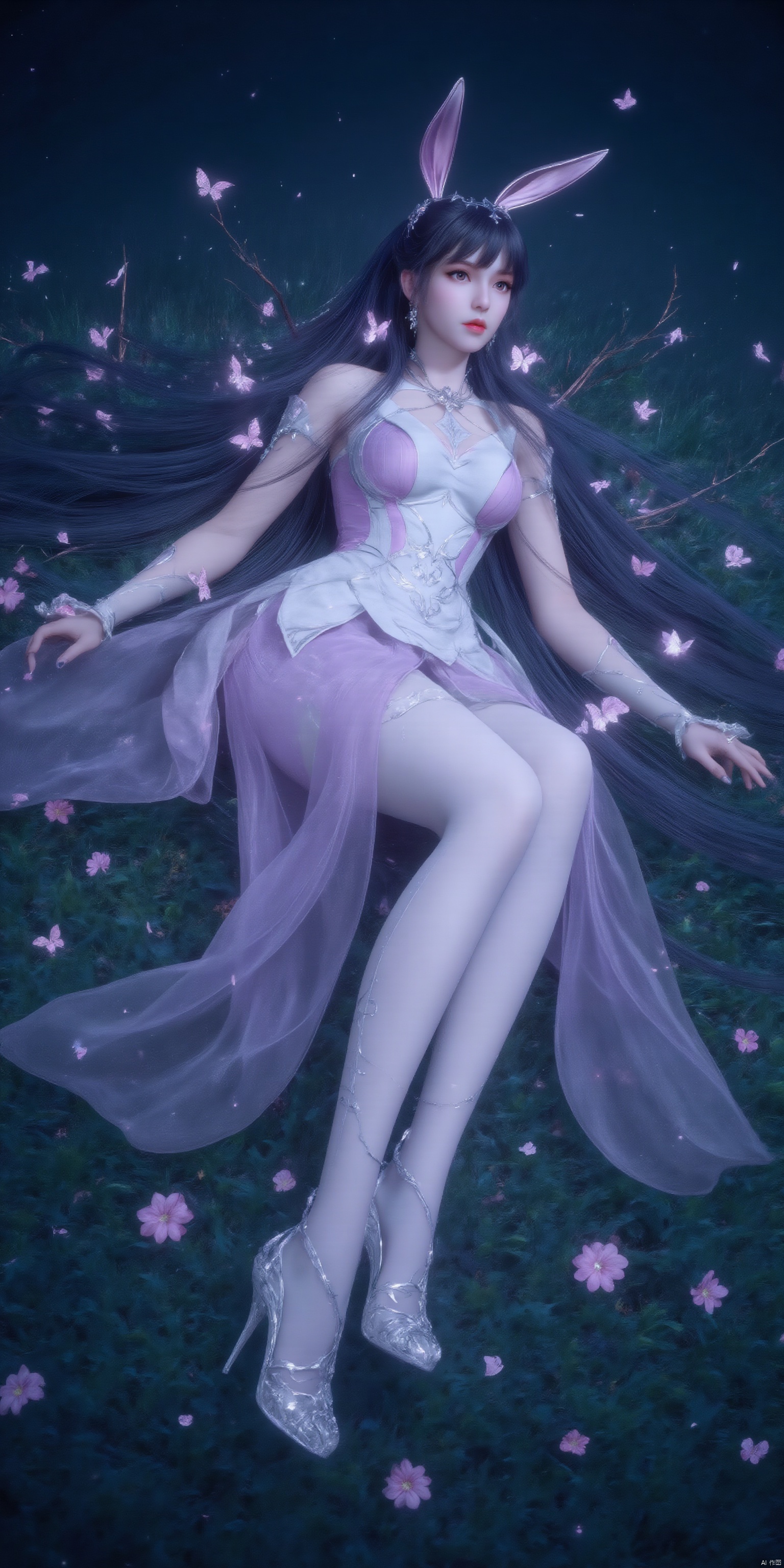 A serene 8K photo of a lonely girl (GG) lying on a lush green field, her long black hair cascading down her back like a waterfall. A delicate hair ornament adorns her hair, an elegant white apron embraces her slim figure, waist, apron, surrounded by petals and branches, makeup, eye shadow, red lips, a small butterfly perches on the edge of the earrings. Added a whimsical atmosphere. Starry sky, shining, mist,1girl, solo, long hair, hair ornament, full body, flower, pink dress, high heels,legs, xwhd,Depth of Field, White pantyhose, crystal shoes,french manicure,nail polish,make up, perspective, delicate face, pink eye shadow,rabbit ears,spread legs,snowing,snow,
light, and the Tyndall effect,night,moonlight,reflection,floodlight
