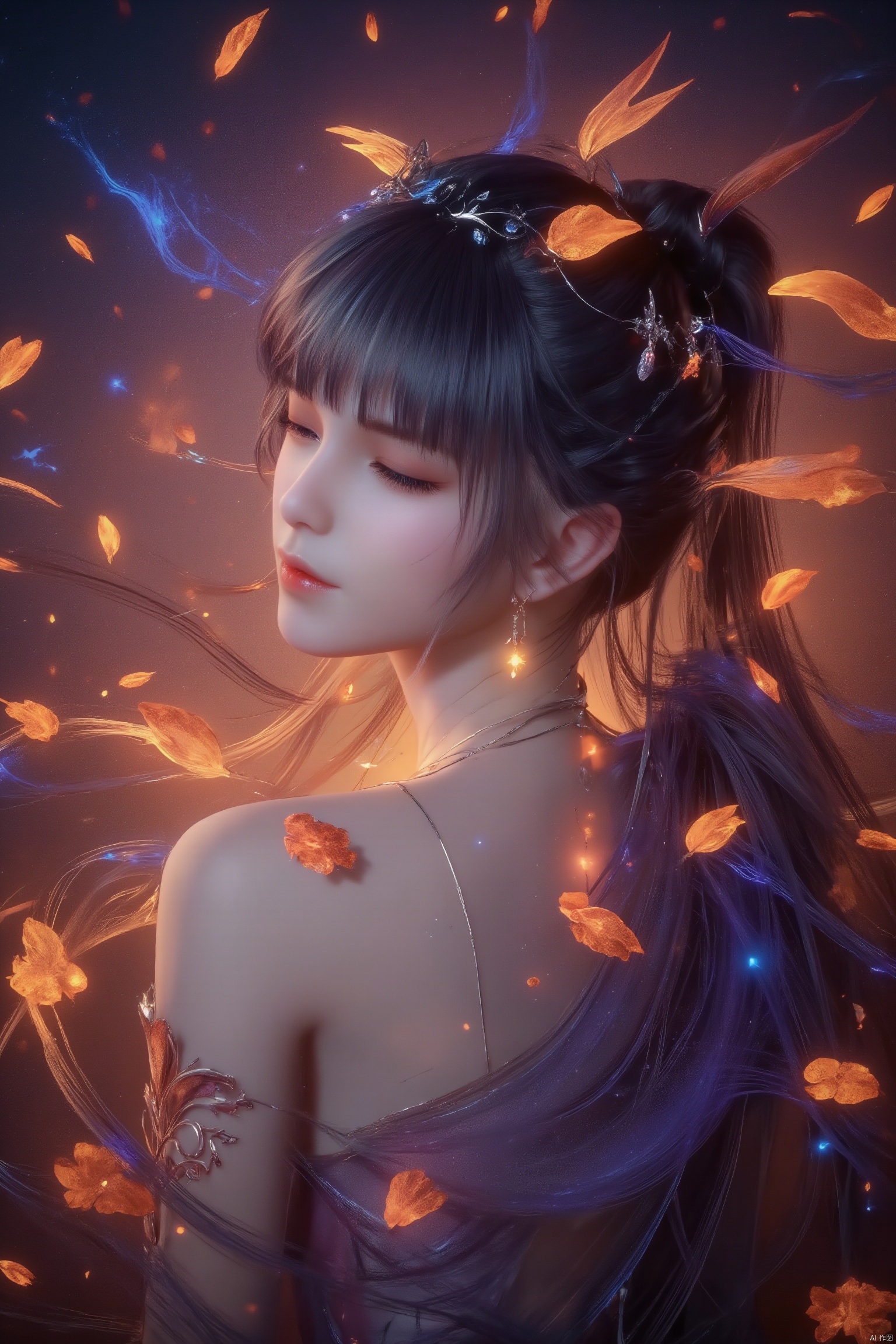 A serene 8K photo of a  girl (GG),((lots of galaxy+halloween color feathers):1.3), orange tone color, cute face, sitting, Hair pumpkin, decorative art, In the flowers,earrings,eyelashes,a charming face,glowing lips,clavicle,shoulder exposure,floating petals,dreamy and beautiful,