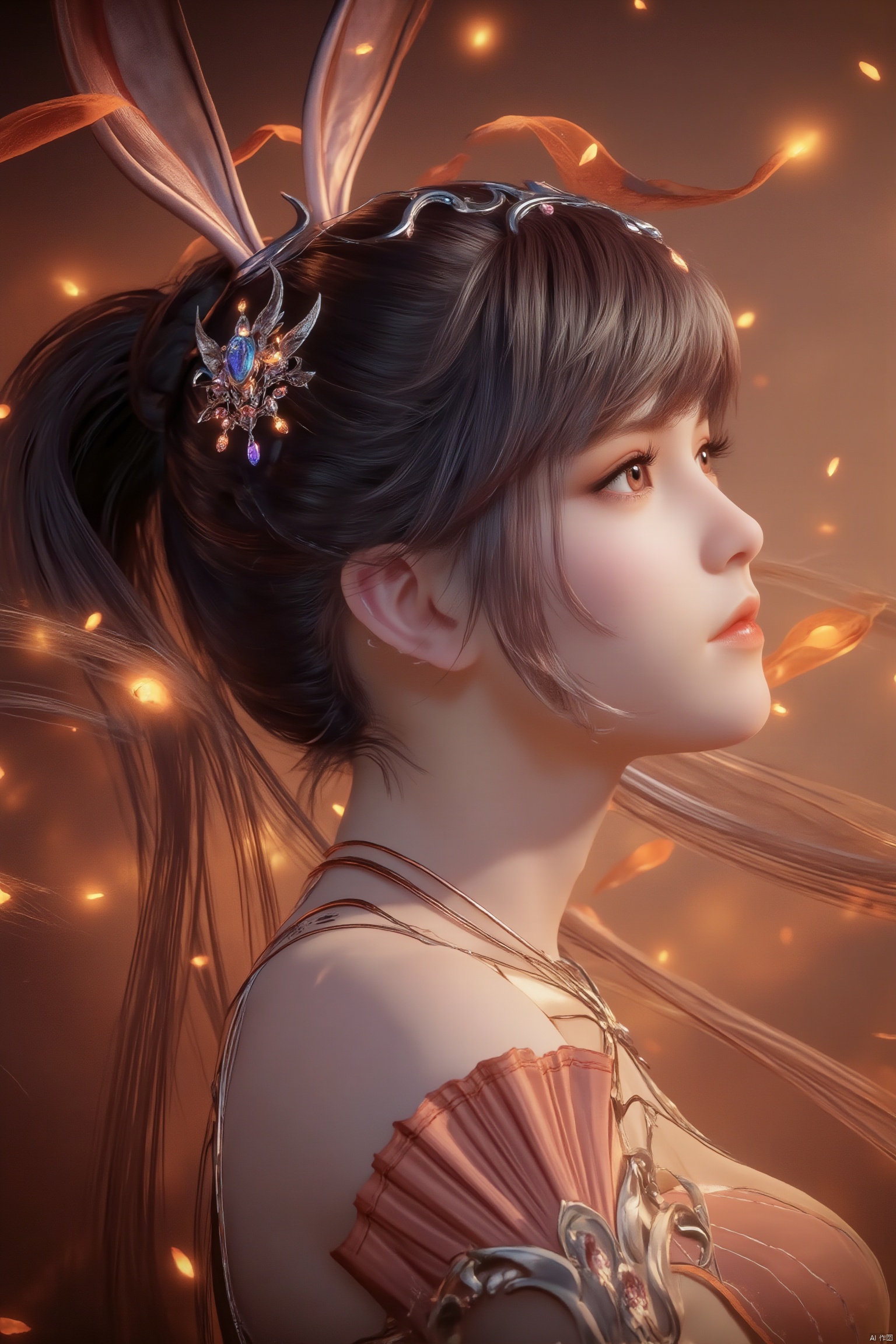 A serene 8K photo of a  girl (GG),((lots of galaxy+halloween color feathers):1.3), orange tone color, cute face, sitting, Hair pumpkin, decorative art, In the flowers,earrings,eyelashes,a charming face,glowing lips,clavicle,shoulder exposure,floating petals,dreamy and beautiful,