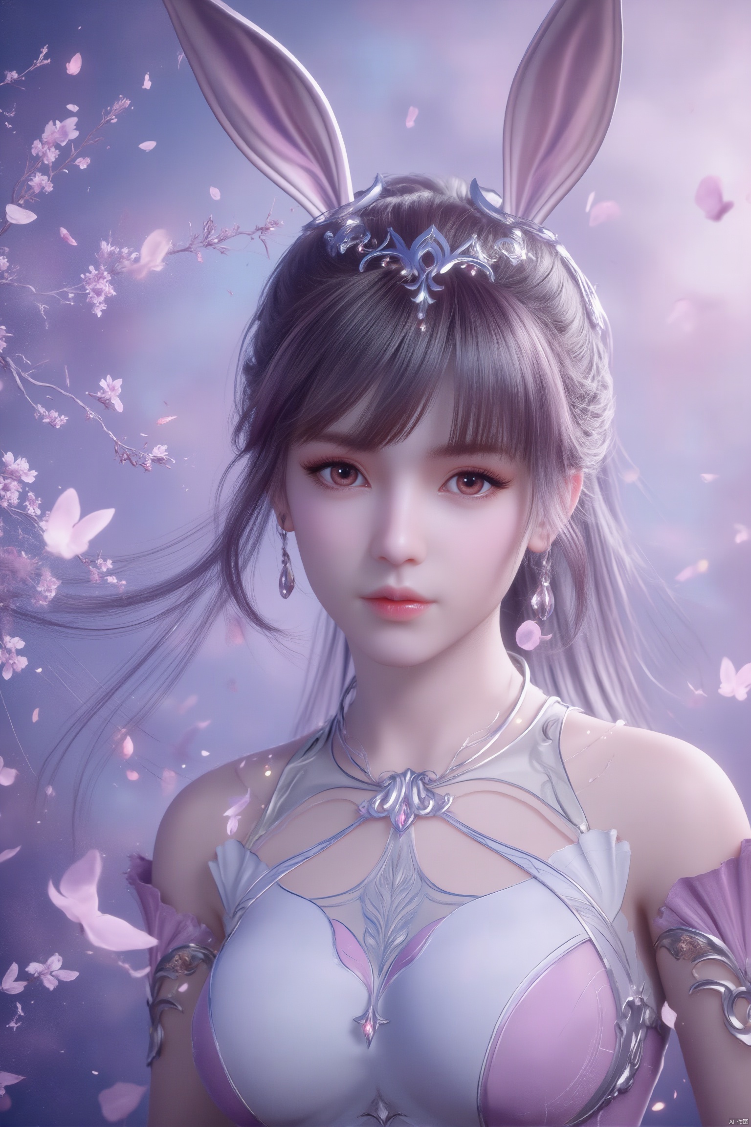 1 girl,In the flowers,rabbit ears,earrings,eyelashes,a charming face,glowing lips,clavicle,shoulder exposure,floating petals,dreamy and beautiful,bikini,medium breasts,cleavge,(upper_body:1.6),(masterpiece, top quality, best quality, official art, beautiful and aesthetic:1.2),xwhd