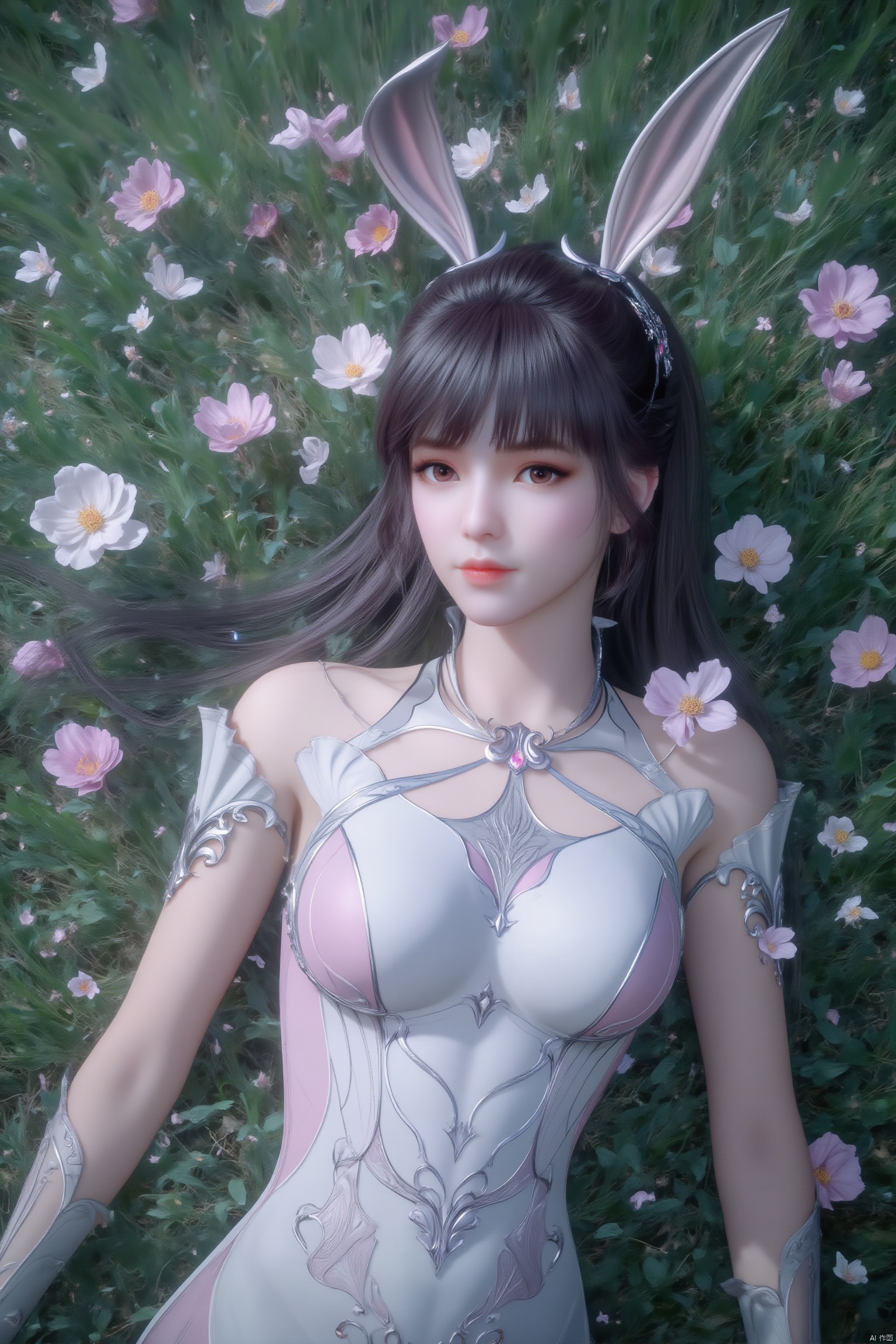 1 girl,In the flowers,rabbit ears,earrings,eyelashes,a charming face,glowing lips,clavicle,shoulder exposure,floating petals,dreamy and beautiful,bikini,medium breasts,cleavge,(upper_body:1.6),(masterpiece, top quality, best quality, official art, beautiful and aesthetic:1.2),xwhd