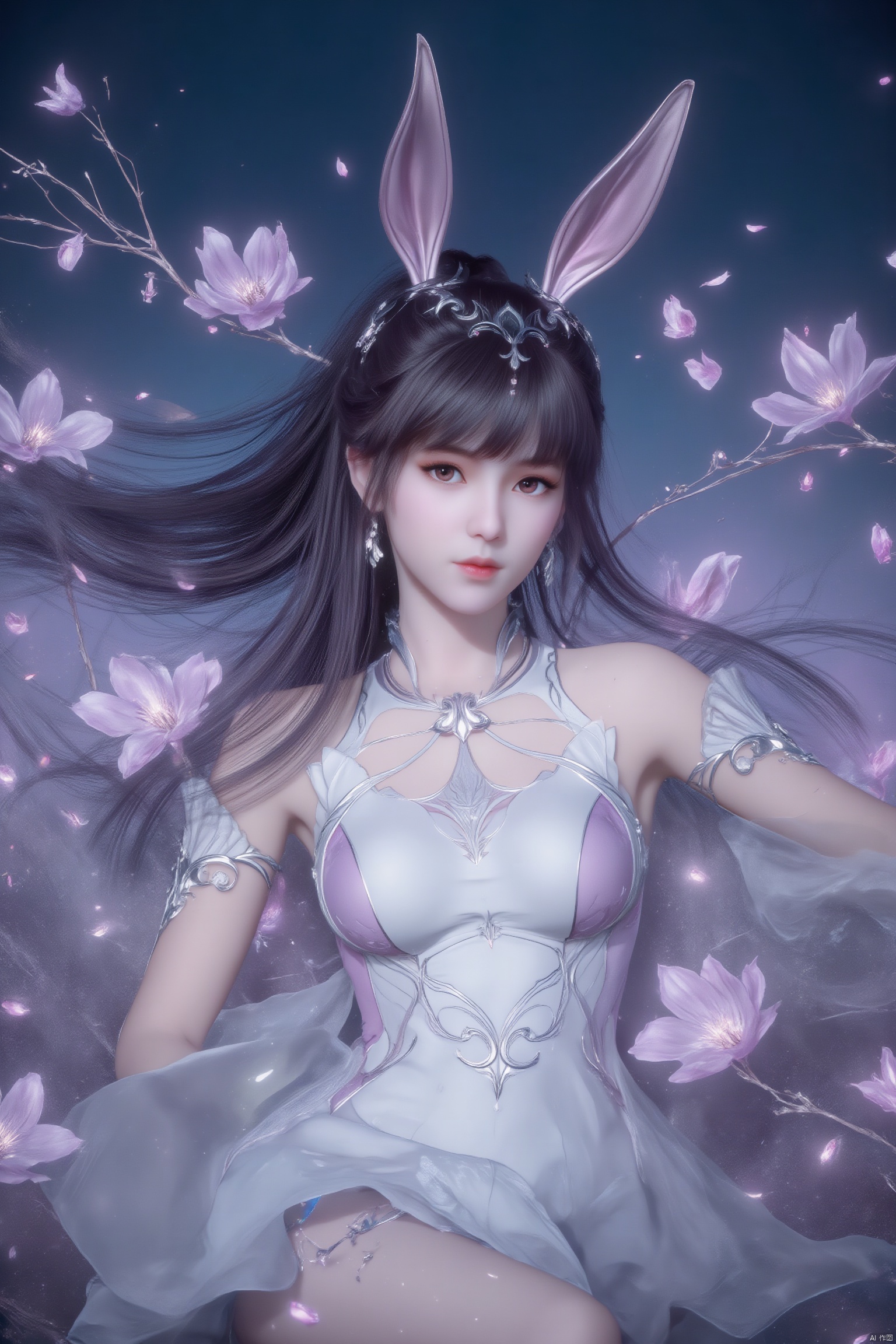 1 girl,In the flowers,rabbit ears,earrings,eyelashes,a charming face,glowing lips,clavicle,shoulder exposure,floating petals,dreamy and beautiful,bikini,medium breasts,cleavge,(upper_body:1.6),(masterpiece, top quality, best quality, official art, beautiful and aesthetic:1.2),xwhd