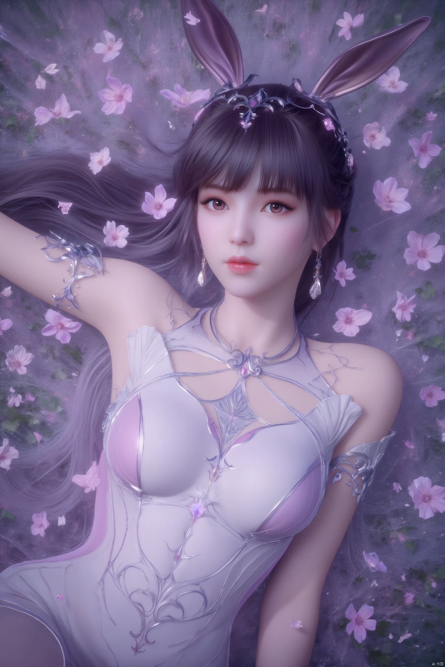 1 girl,In the flowers,rabbit ears,earrings,eyelashes,a charming face,glowing lips,clavicle,shoulder exposure,floating petals,dreamy and beautiful,bikini,medium breasts,cleavge,(upper_body:1.6),(masterpiece, top quality, best quality, official art, beautiful and aesthetic:1.2),xwhd