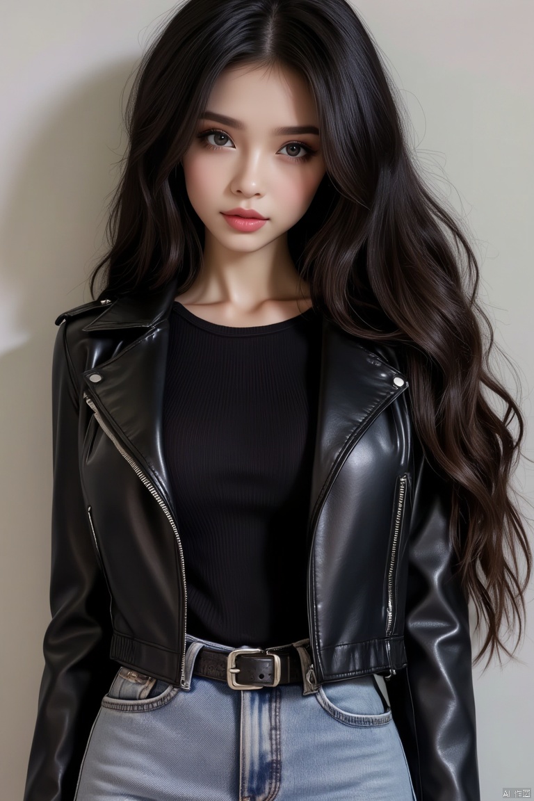 Magazine cover, godlike qualities, sacred art, long hair Barbie, big eyes, plump lips, thick lips, (wearing black leather jacket), small jeans, (white skin), E7E48U