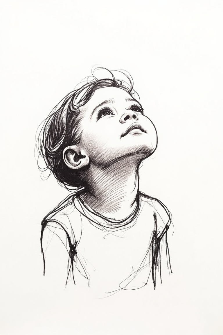 A rough ink sketch of a child looking upward with curiosity. The face is drawn with minimal continuous lines,  eyes emphas...