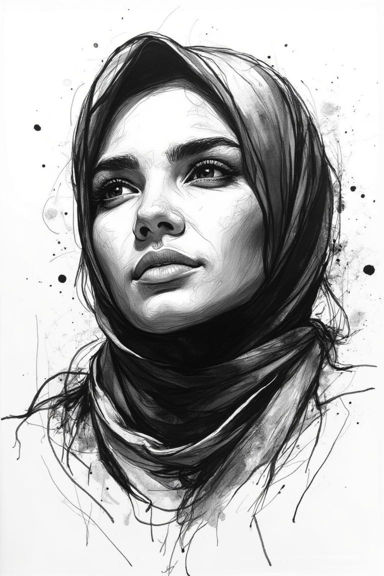 A rough black ink portrait of a young Malay woman wearing a hijab. Expressive ink strokes define her facial contour and ey...
