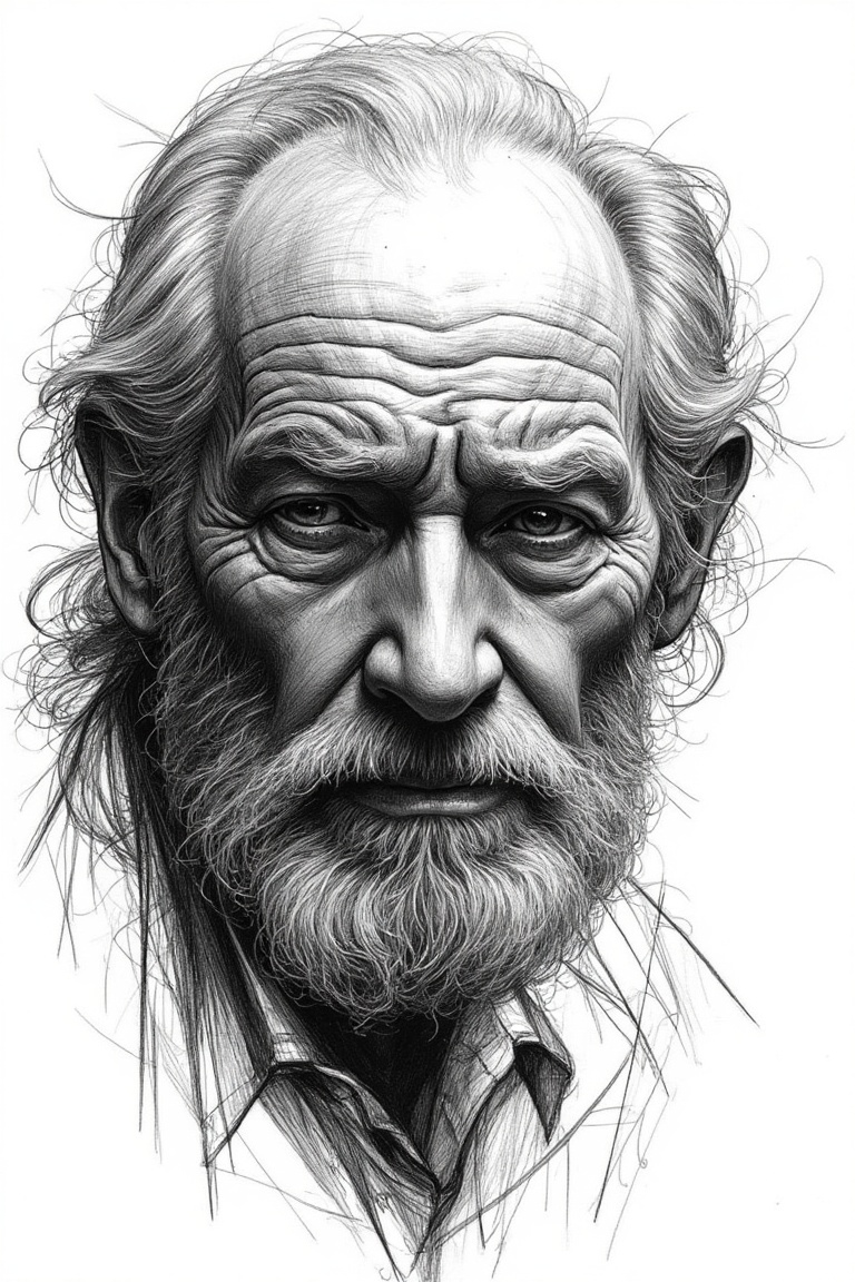 A portrait of an elderly man with deep wrinkles and wise eyes,  drawn in rough black ink. Jagged strokes capture the textu...