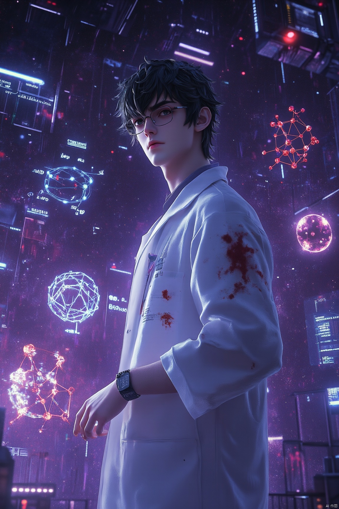 A young man with black short hair, wearing glasses and a stained white lab coat, stands in a futuristic sci-fi environment. His calm and focused expression evokes a cold yet rational scientist. The background features a deep purple starry universe with floating technological elements like molecular structures, equations, and data.   The scene has a surreal, digital atmosphere with high-tech elements blending science and futuristic themes. Soft, cinematic lighting highlights the man and floating objects, emphasizing his intellectual power. Hyper-realistic, digital art with vibrant colors and detailed rendering in 32k UHD. Dynamic Angle,Dynamic posture,