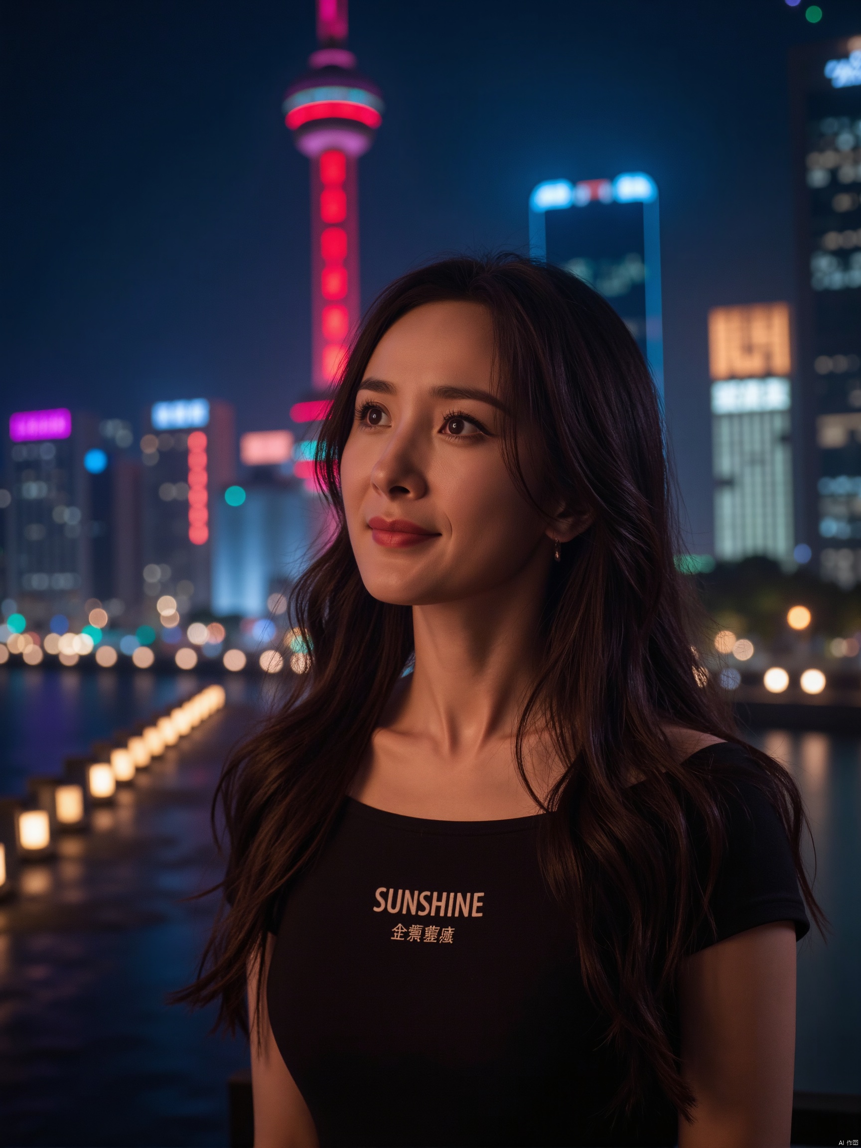 On the Shanghai Bund under the neon lights at night, with the Oriental Pearl Tower in the background, a beautiful woman looked at the audience with a smile in the drizzle. She was wearing a tight top with medium to large breasts, revealing her beautiful cleavage. The letters "SUNSHINE" were written on her chest. Her confidence was contagious to everyone.